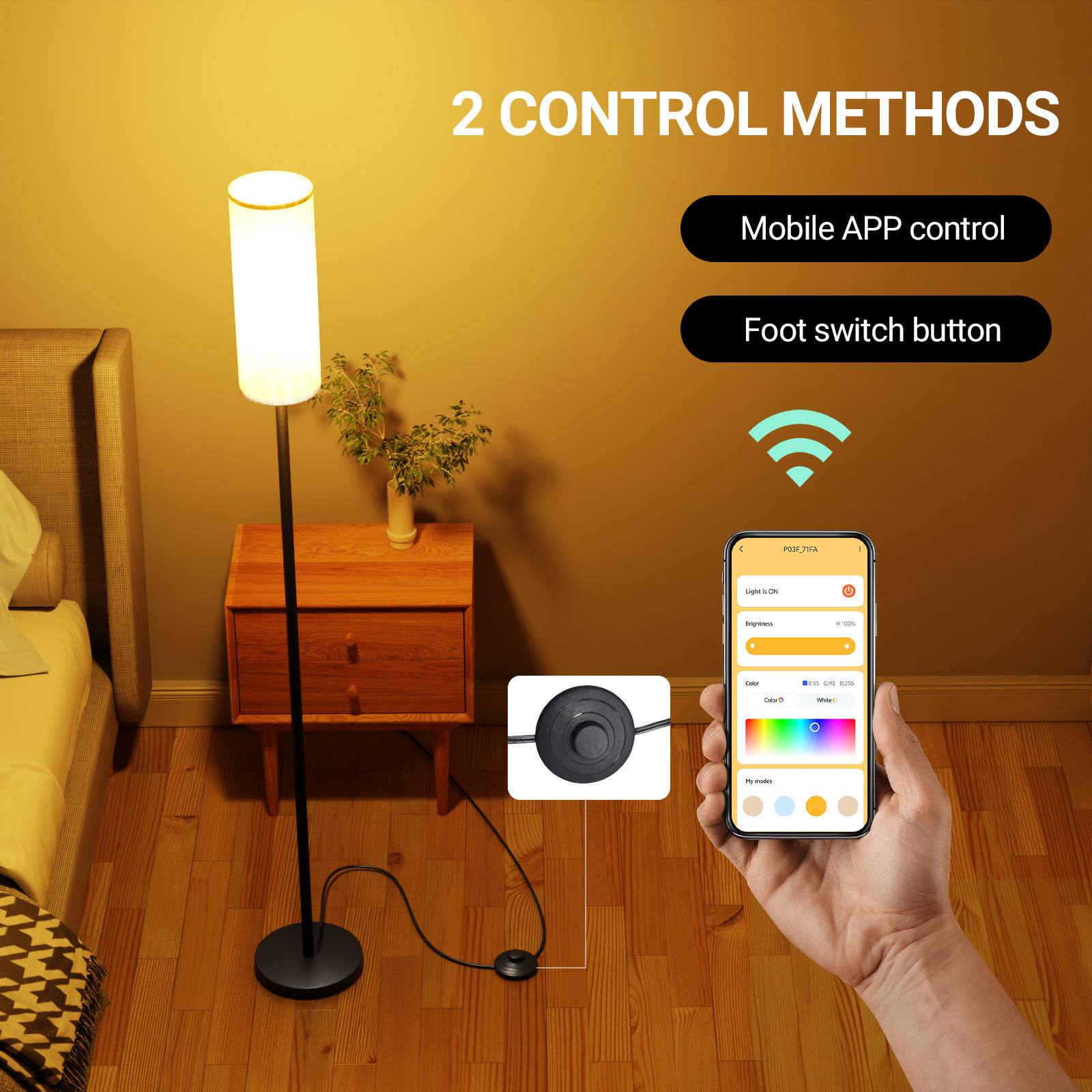 2 CONTROL METHODS
- Mobile APP control
- Foot switch button

Light's ON
Ingreen
100%
Color
1555 on 12%
Card
CHAN