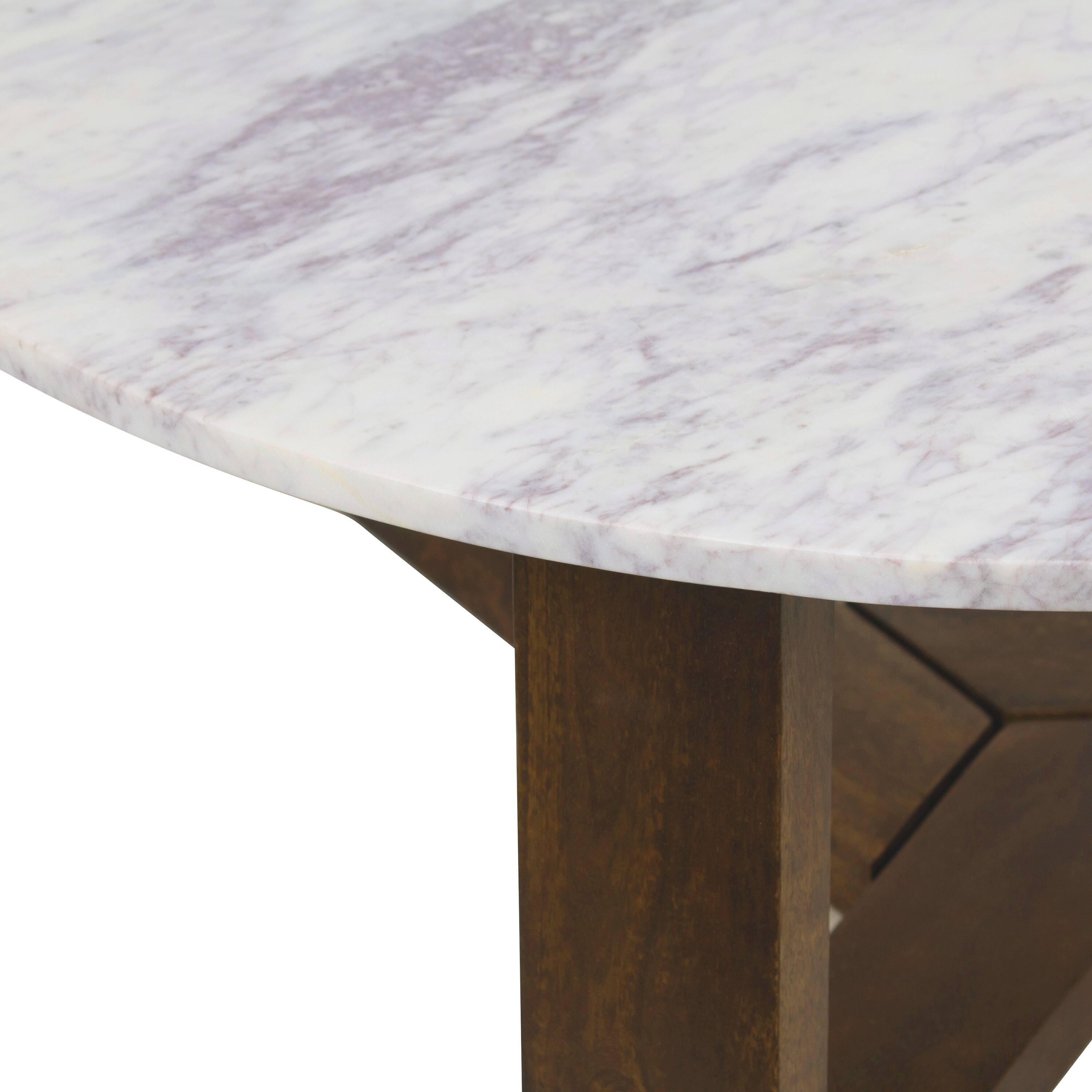 Alt View 2. Manhattan Lane - Fina 38 Inch Round Coffee Table, White Genuine Marble Top, Natural Brown Mango Wood 3 Leg Sled Base - White, Natural Brown.
