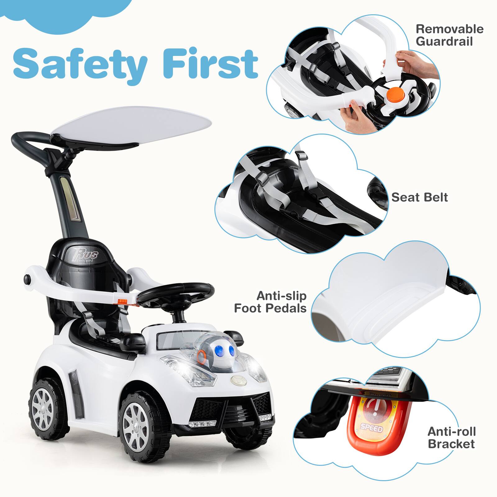 Safety First  
- Removable Guardrail  
- Seat Belt  
- Anti-slip Foot Pedals  
- Anti-roll Bracket
