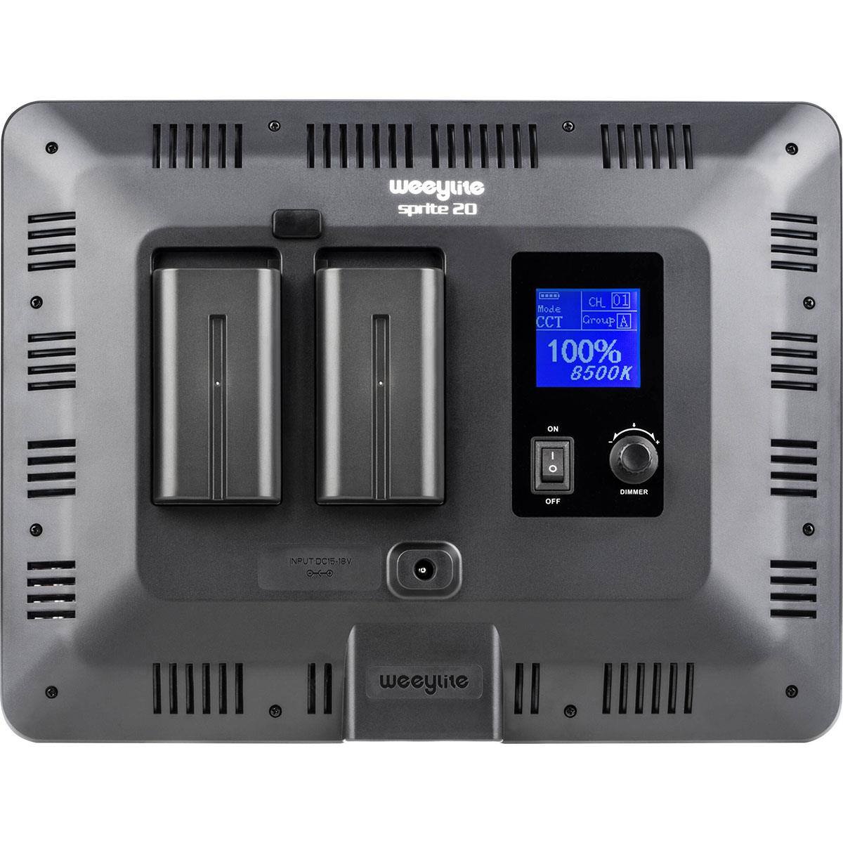 weeylite sprite 20  
CH 01  
Mode CCT  
Group A  
100%  
8500K  
ON  
I/O OFF  
DIMMER  
INPUT DC16-18V  
weeylite
