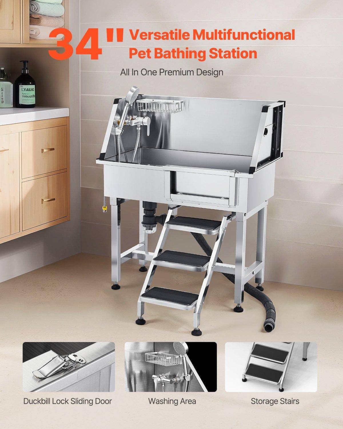 34" Versatile Multifunctional Pet Bathing Station  
All In One Premium Design  

- Duckbill Lock Sliding Door  
- Washing Area  
- Storage Stairs