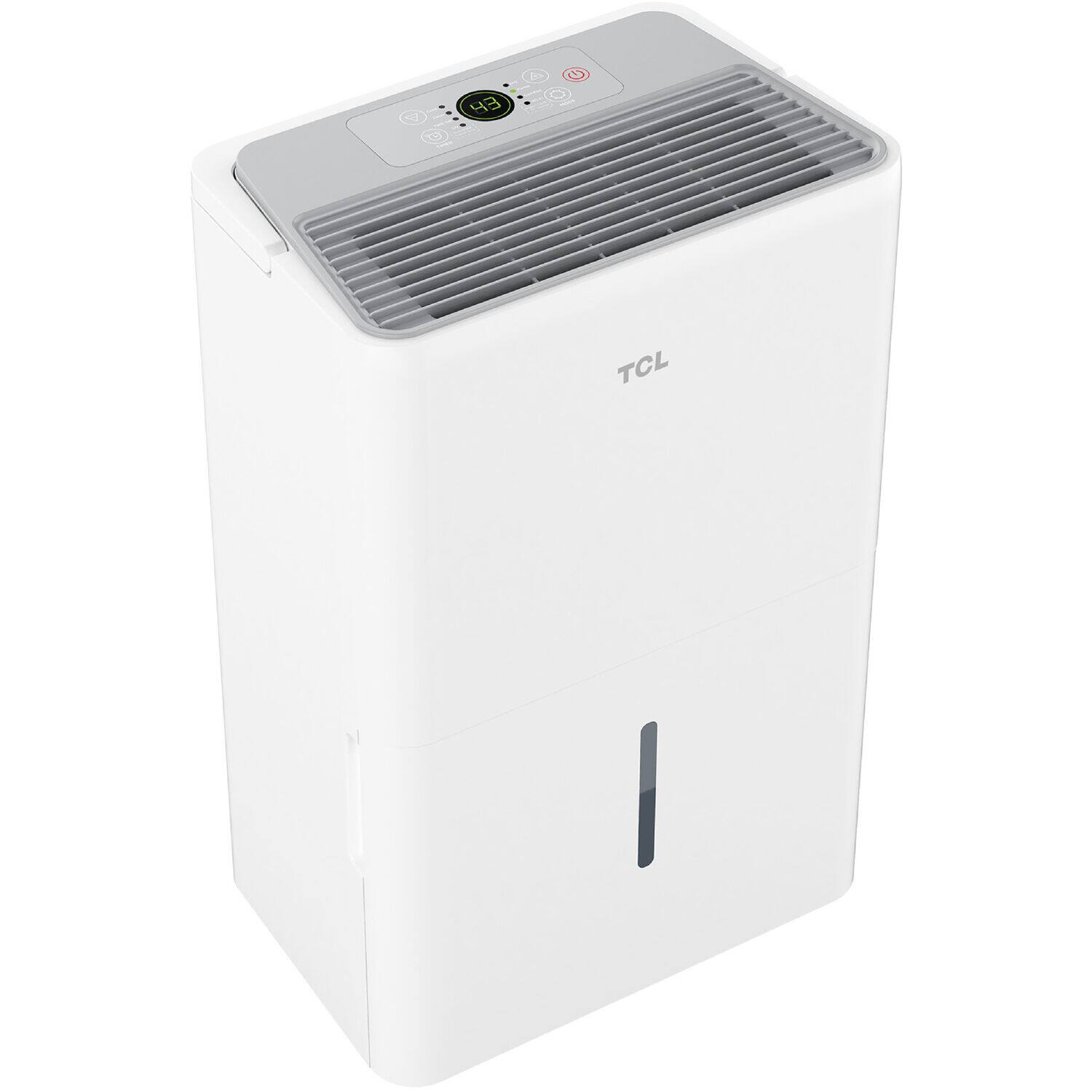 Angle. TCL - 3,000 Sq. Ft. 32-Pint Smart Dehumidifier with Remote, 8 Pint Bucket Capacity, Energy Star Most Efficient 2024 - White.