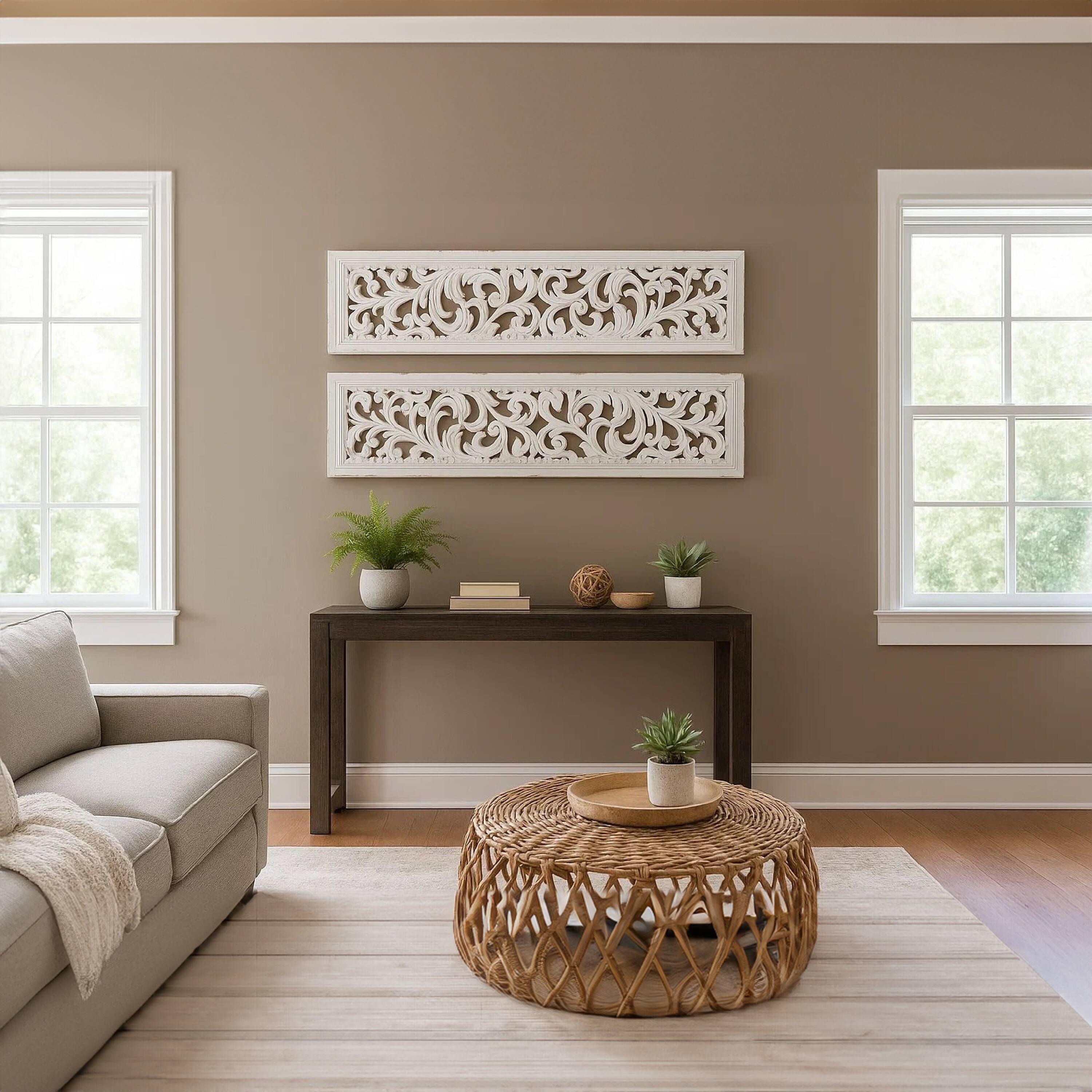 Alt View 9. Manhattan Lane - Ozy Carved Wall Art Panel Set of 2, Handcrafted Distressed White Mango Wood, 50 Inch Tall - White.