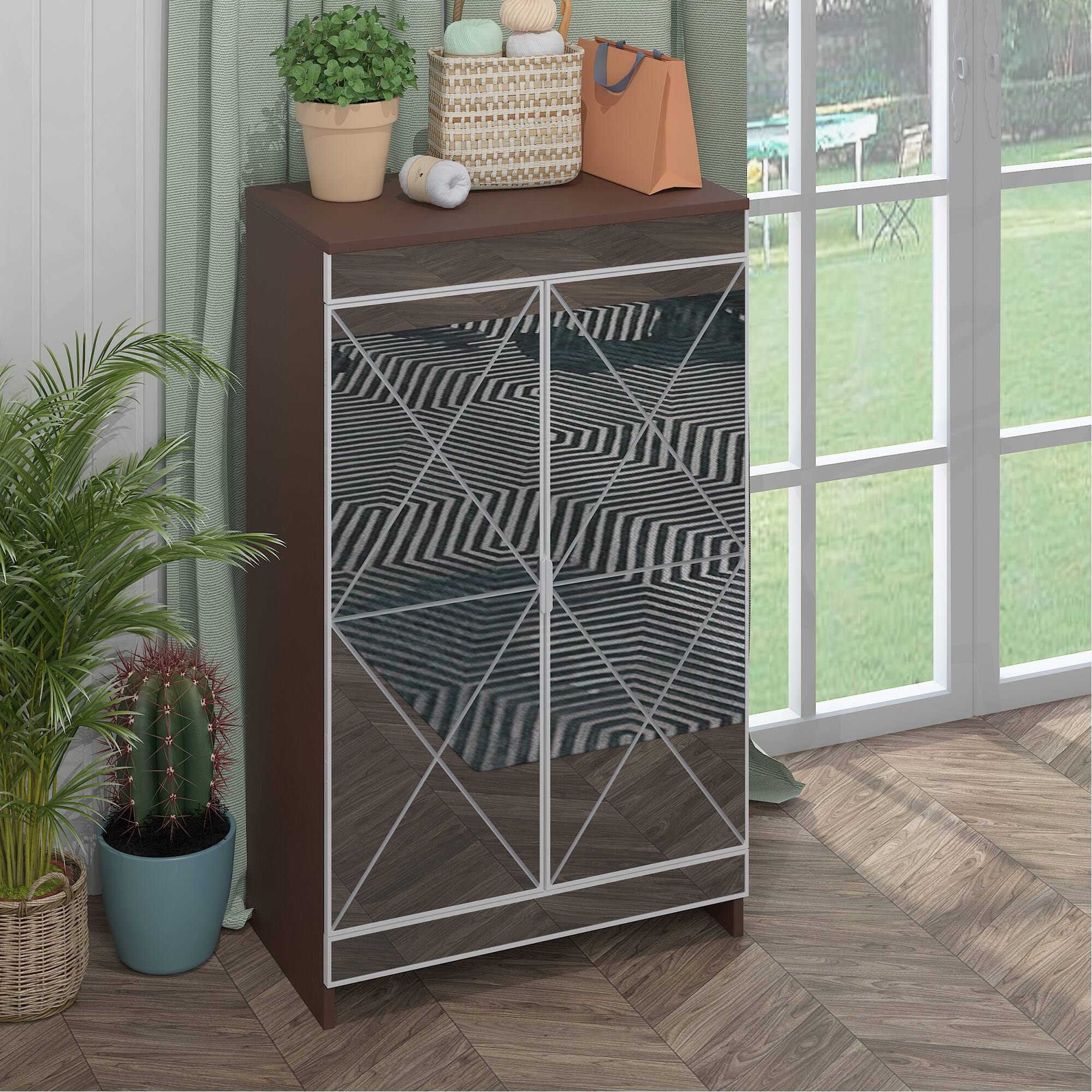 Alt View 6. Spaco - Spaco 2 Doors Mirrored Shoe Cabinet with Silver Edging, Elegant Glass Storage Cabinet for Entryway Decor - Brown.
