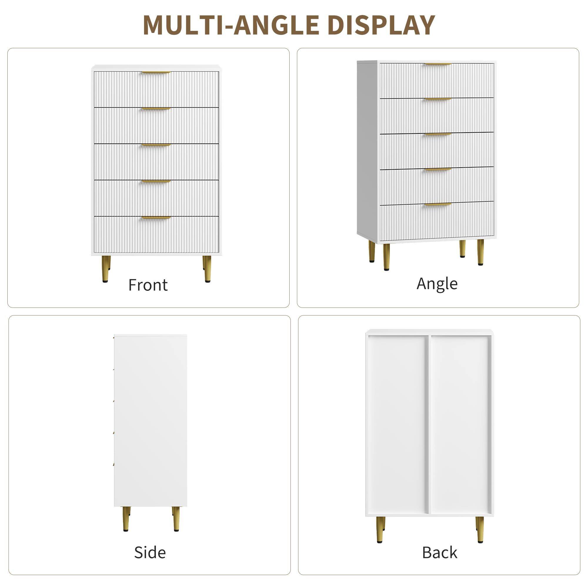 Alt View 5. Acekool - Fluted Dresser for Bedroom with 5 Drawers, Wooden Chest of Drawers with Metal Handle & Feet - White.
