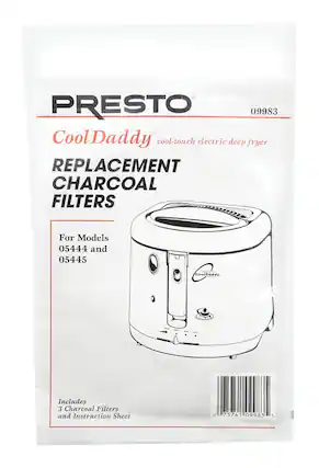 PRESTO 09983 Cool Daddy cool-touch electric deep fryer REPLACEMENT CHARCOAL FILTERS For Models 05444 and 05445 CoolDaddy Includes 3 Charcoal Filters and Instruction Sheet O 75741 09983 5
