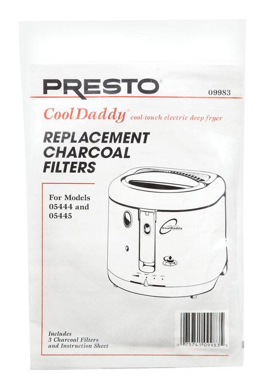 PRESTO 09983 Cool Daddy cool-touch electric deep fryer REPLACEMENT CHARCOAL FILTERS For Models 05444 and 05445 CoolDaddy Includes 3 Charcoal Filters and Instruction Sheet O 75741 09983 5