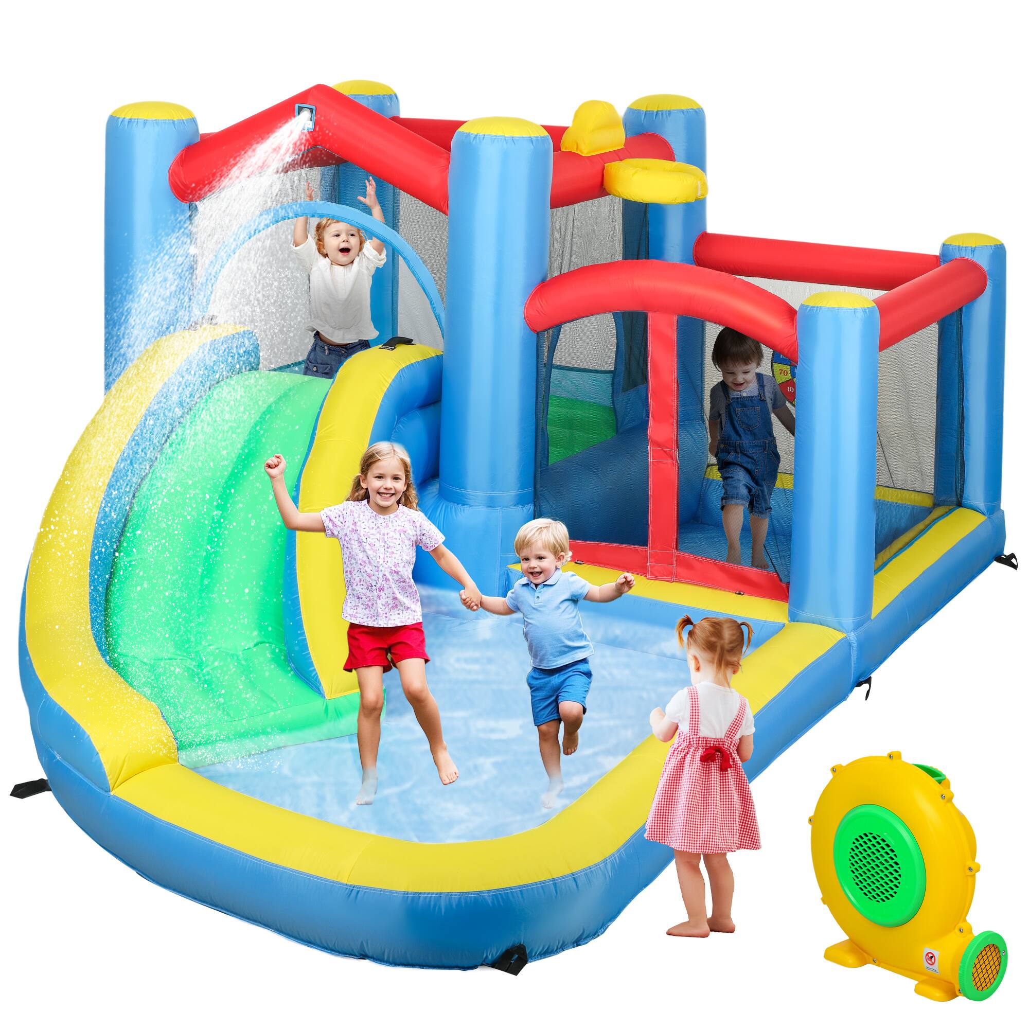 Front. Qaba - Inflatable Water Slide, Water Bounce House, Large Trampoline, Splash Pool, 550W Blower, Dart Board, Backyard.