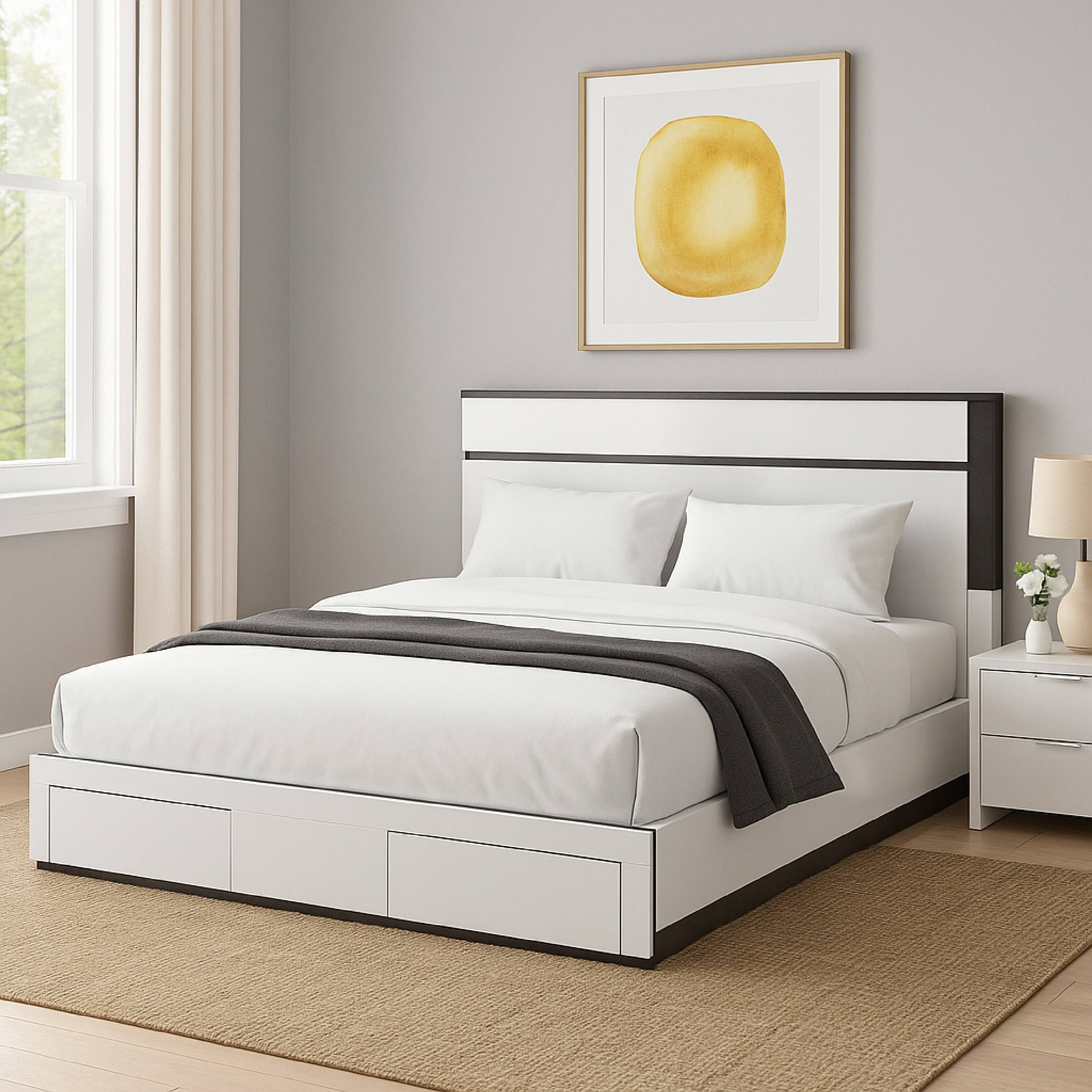 Alt View 5. Manhattan Lane - Kena Queen Size Bed, White Gray Panel Headboard, Low Profile Footboard - White, Metallic Gray.
