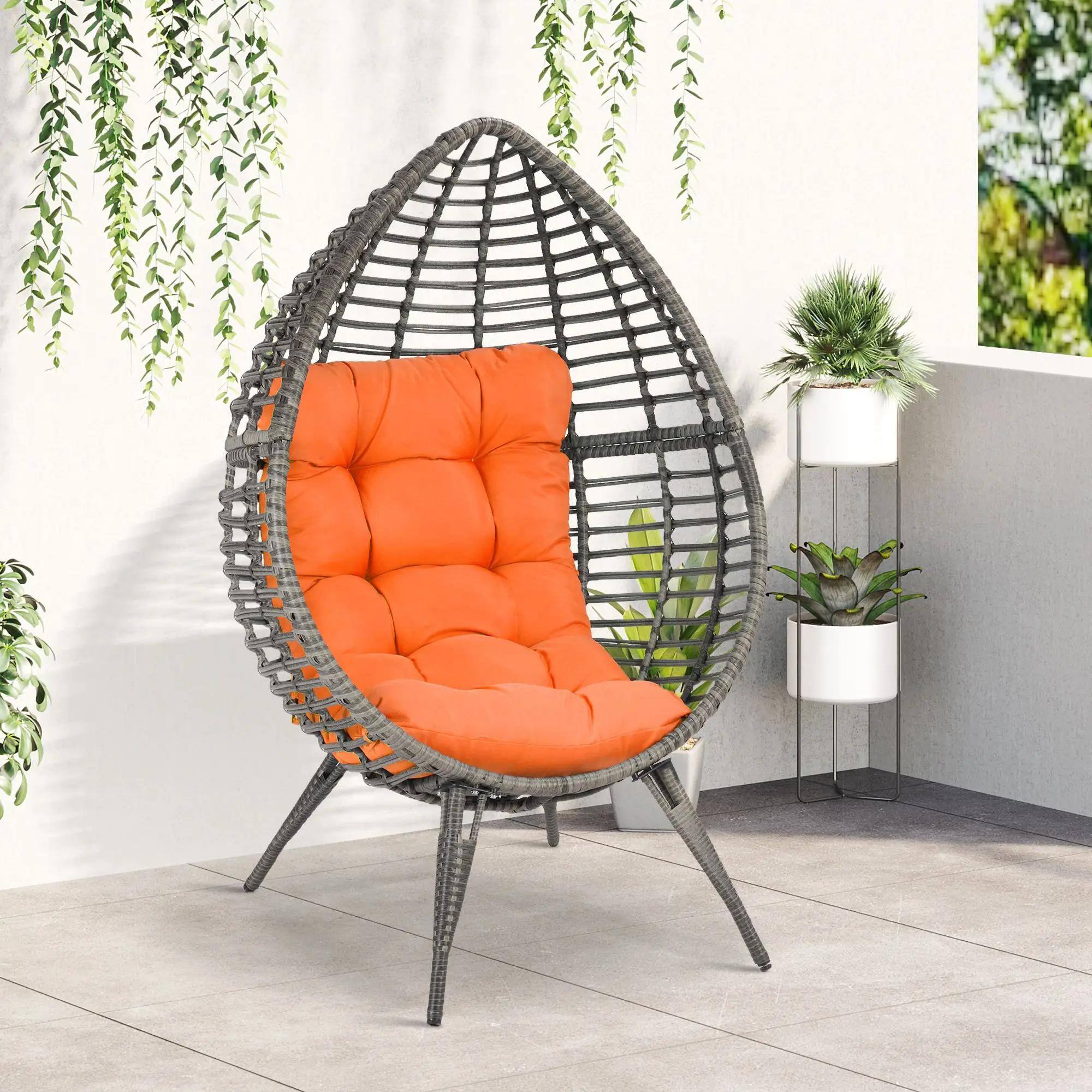 Alt View 7. Resenkos - Resenkos Egg Chair with Soft Cushion, Teardrop Seat, Outdoor/outdoor Patio Furniture, PE Rattan, Orange - Orange.