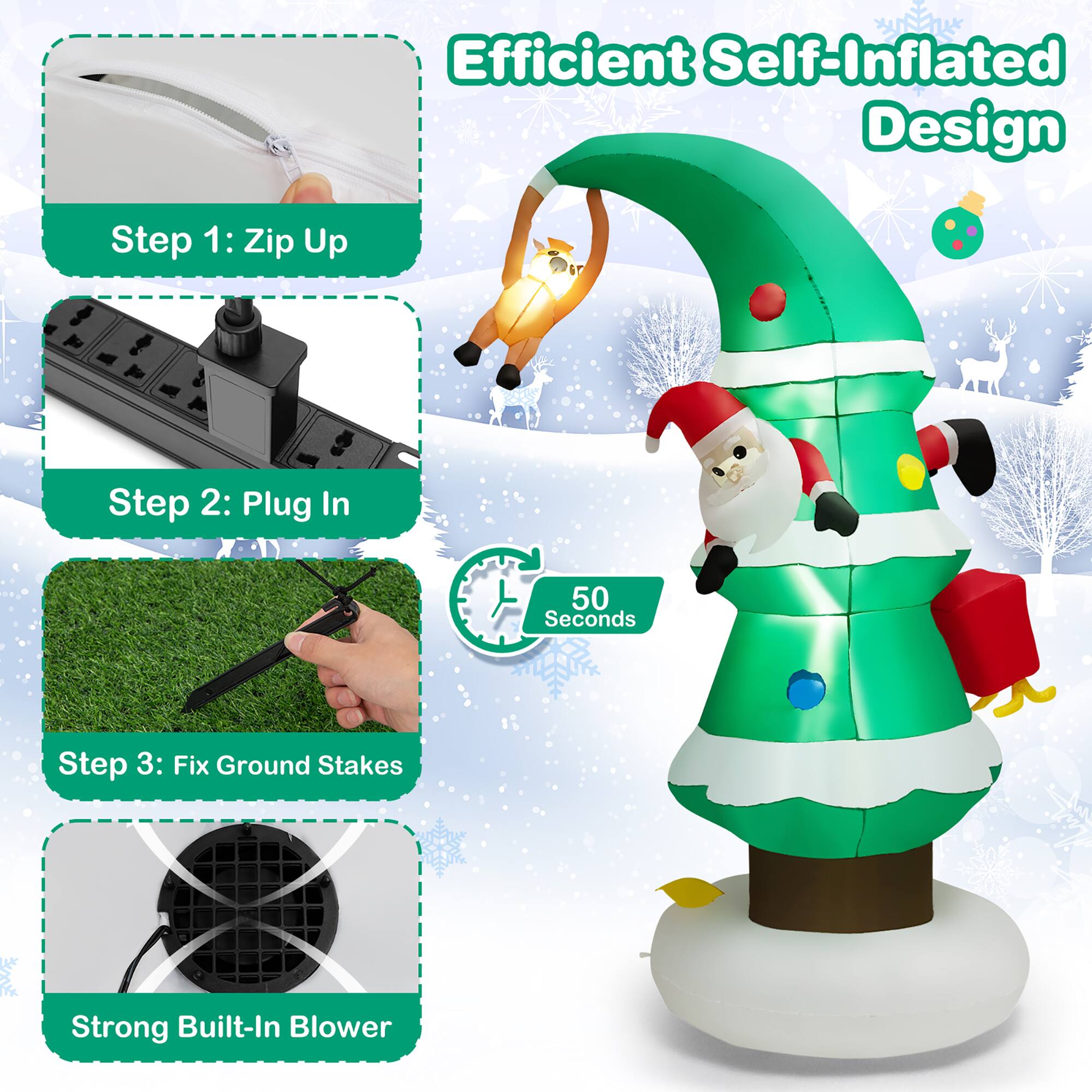 Efficient Self-Inflated Design Step 1: Zip Up Step 2: Plug In 50 Seconds Step 3: Fix Ground Stakes for a Strong Built-In Blower