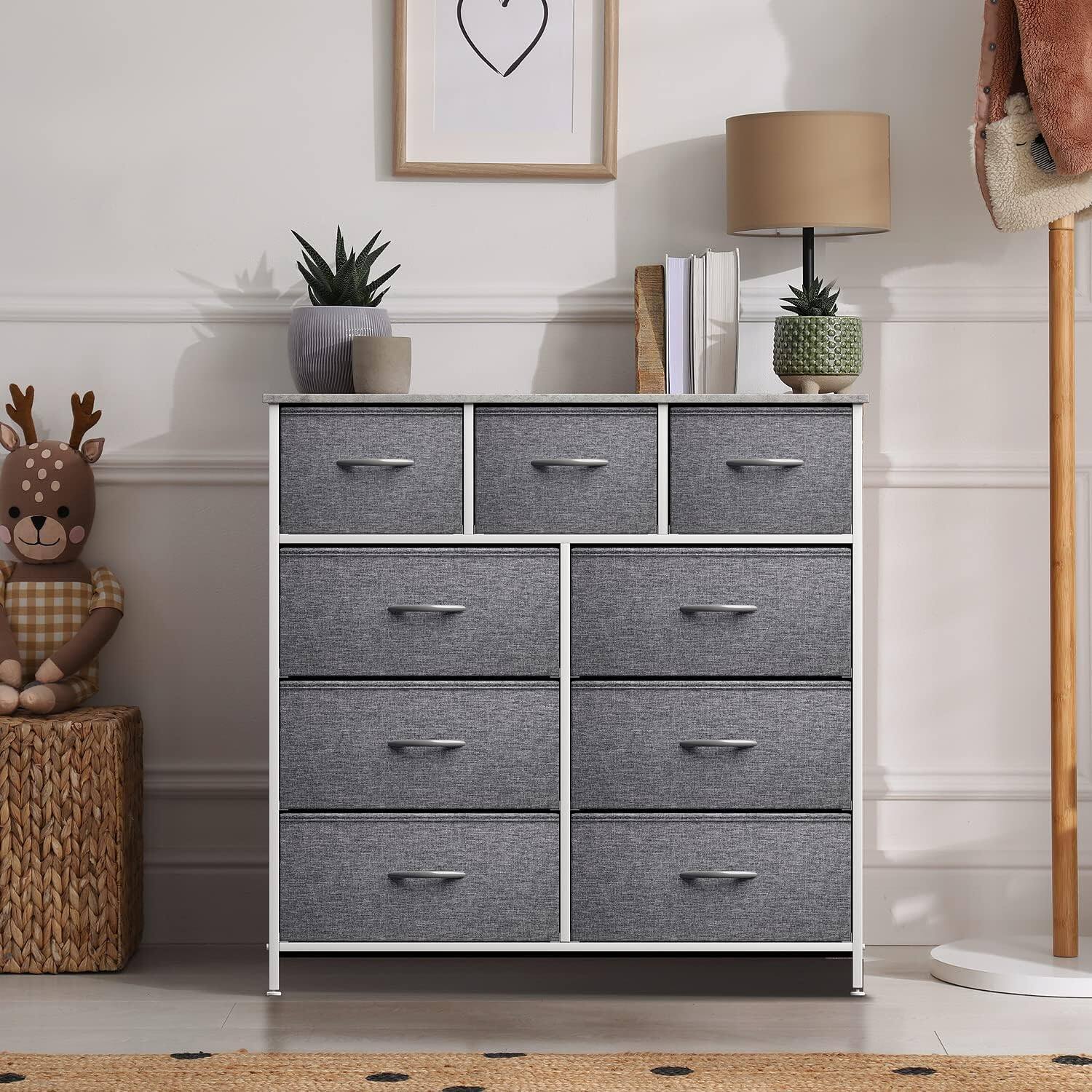 Angle. Sorbus - Sorbus 9 Drawers Dresser - Furniture Storage for Bedroom, Closet, and More - Steel Frame, Wood Top, Fabric Bins - Gray.