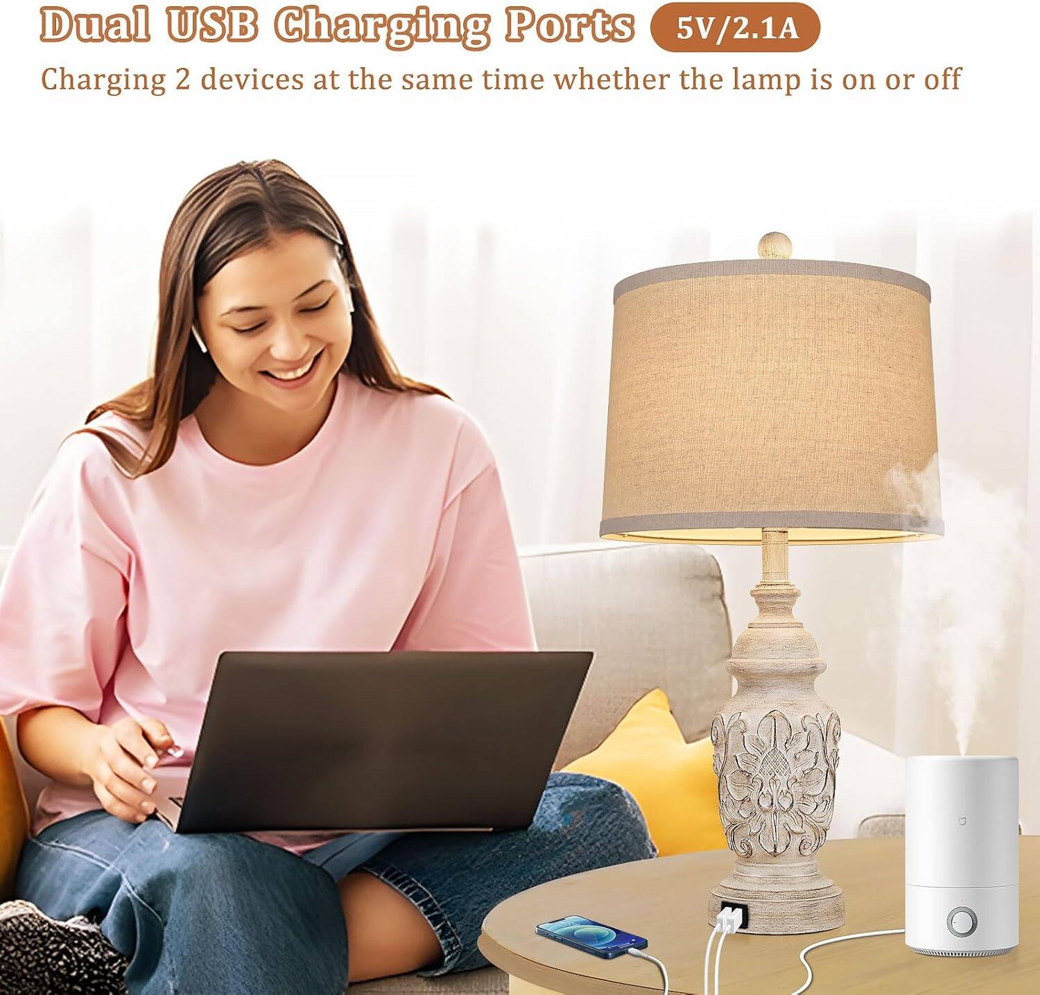 Dual USB Charging Ports  
5V/2.1A  
Charging 2 devices at the same time whether the lamp is on or off