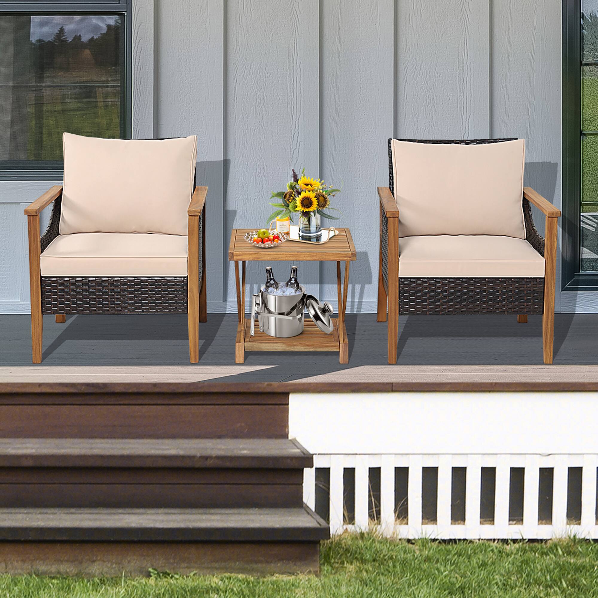 Alt View 3. Gymax - Gymax 3PCS PE Wicker Patio Bistro Set Outdoor Acacia Wood Set w/ 2-Tier Coffee Table - Natural.