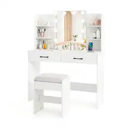 SlickBlue - Vanity Set with Lighted Mirror, Comfortable Stool, and Power Outlet - White
