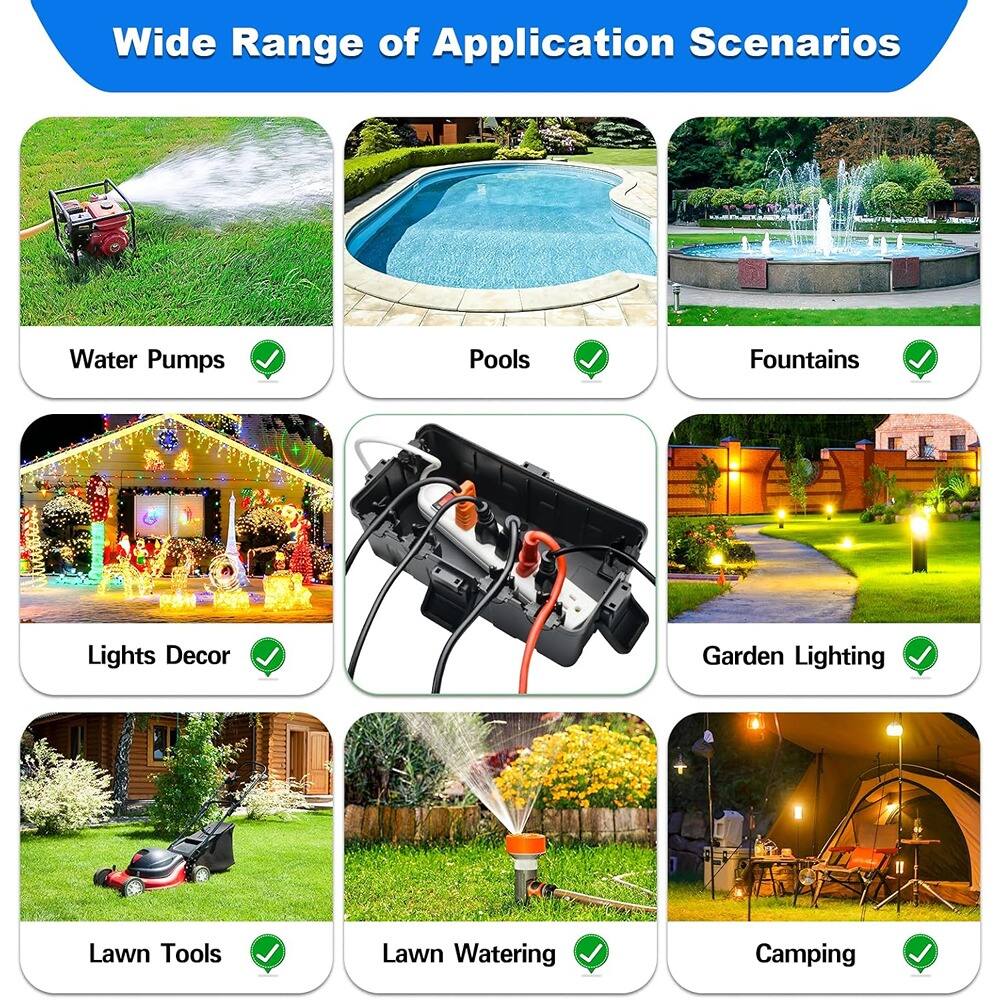 Wide Range of Application Scenarios

- Water Pumps
- Pools
- Fountains
- Lights Decor
- Garden Lighting
- Lawn Tools
- Lawn Watering
- Camping