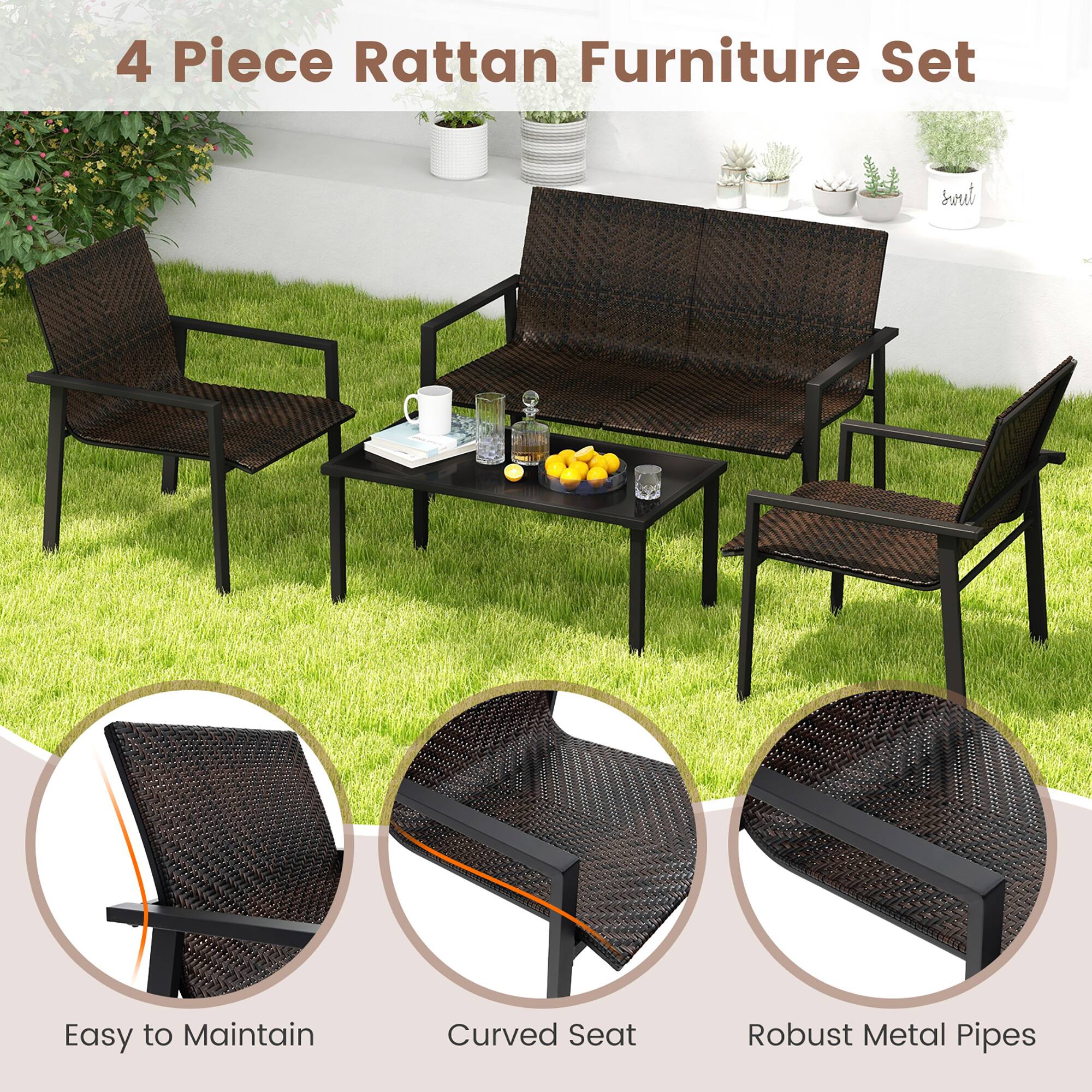 4 Piece Rattan Furniture Set
Easy to Maintain
Curved Seat
Robust Metal Pipes