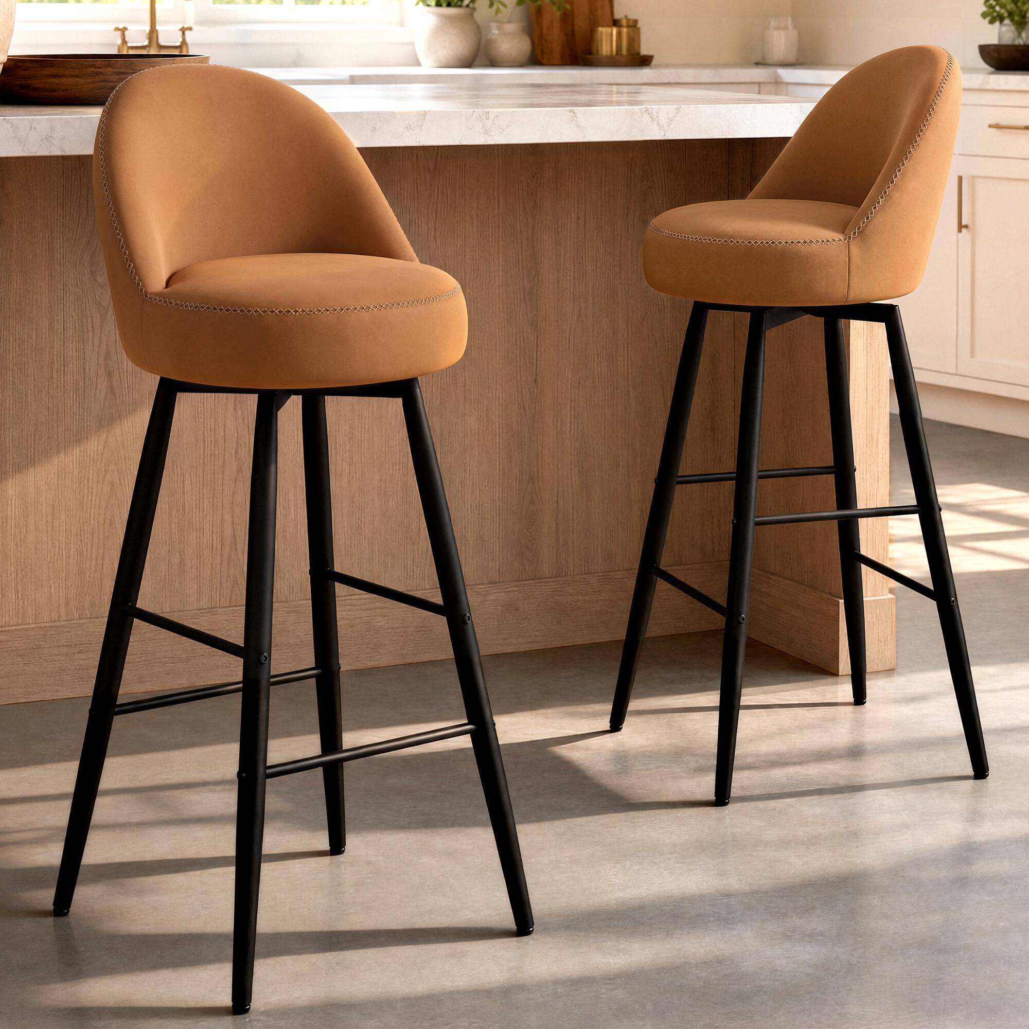 Angle. ModernMate - Brenno 40.55"/36.6" Cognac Swivel Bar Stools with High Back and Metal Frame Counter Stools for Kitchen Island (Set of 2) - Cognac.