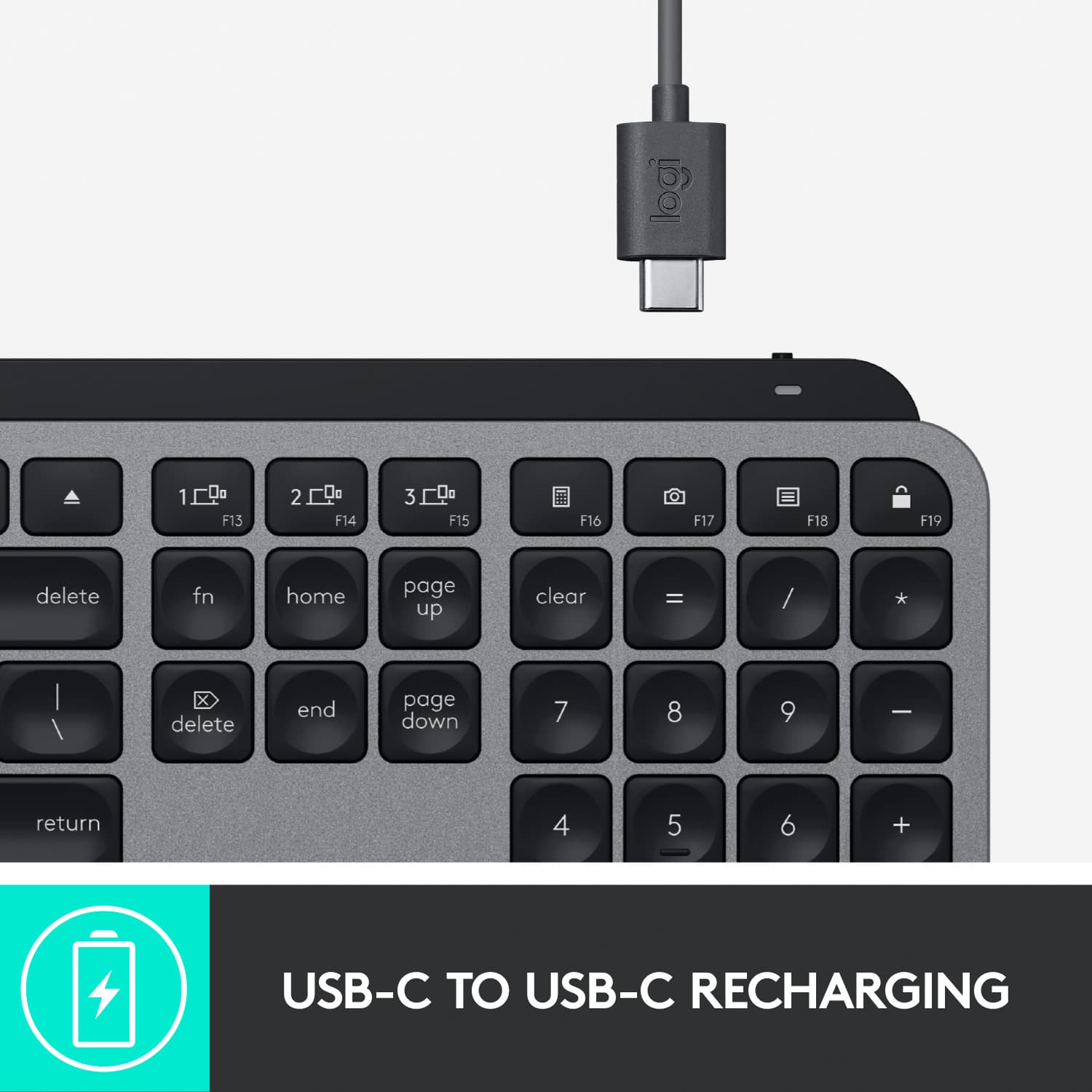 The text on the image reads: "USB-C to USB-C recharging."
