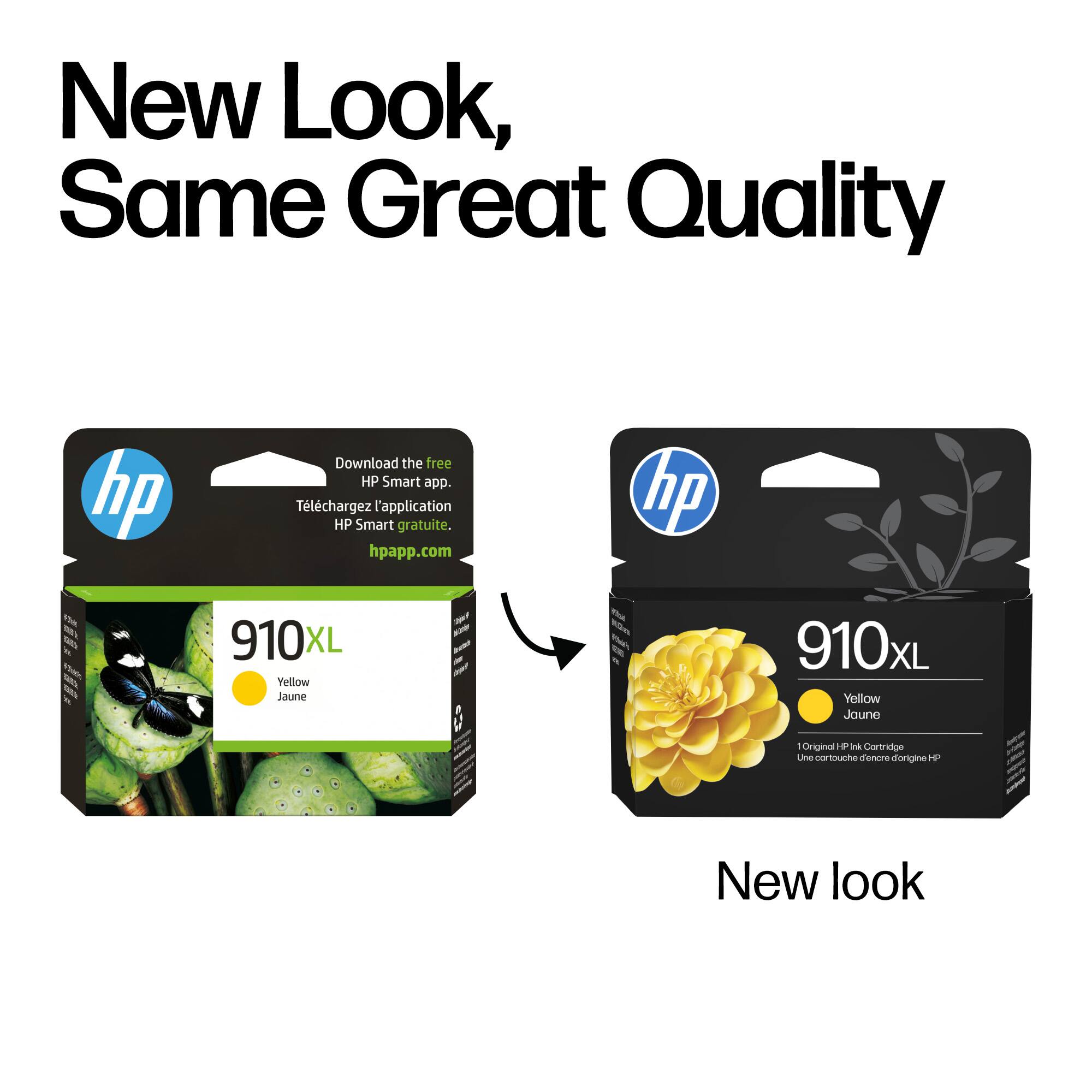 New Look, Same Great Quality

Download the free HP Smart app.  
Téléchargez l'application HP Smart gratuite.  
hpapp.com

hp 910XL  
Yellow Jaune

New look