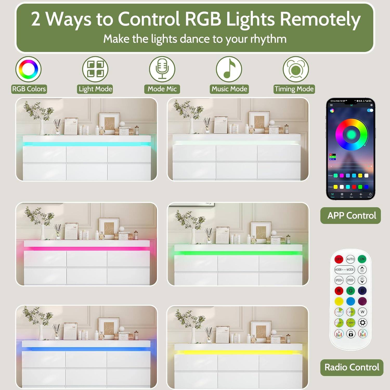 2 Ways to Control RGB Lights Remotely  
Make the lights dance to your rhythm

- RGB Colors
- Light Mode
- Mode Mic
- Music Mode
- Timing Mode

APP Control

Radio Control