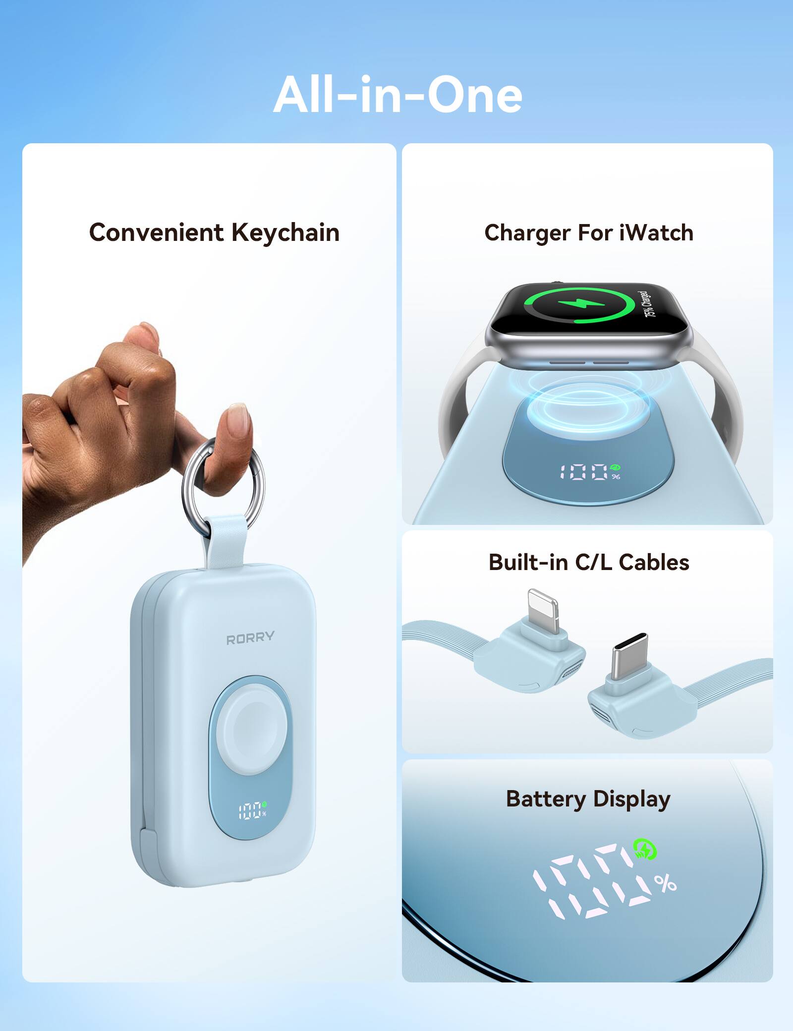 All-in-One

Convenient Keychain

Charger For iWatch

Charged 75% 100%

Built-in C/L Cables

RORRY

Battery Display