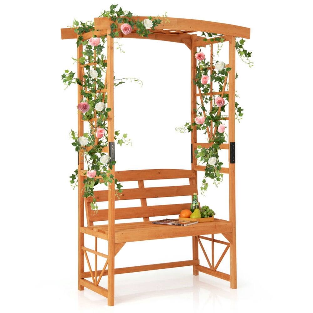 Left. Pefilos - 6.2 Feet Tall Patio Garden Arbor with Pergola and 2-Seat Bench, 2-In-1 Multifunctional Solid Wood Bench - Yellow.
