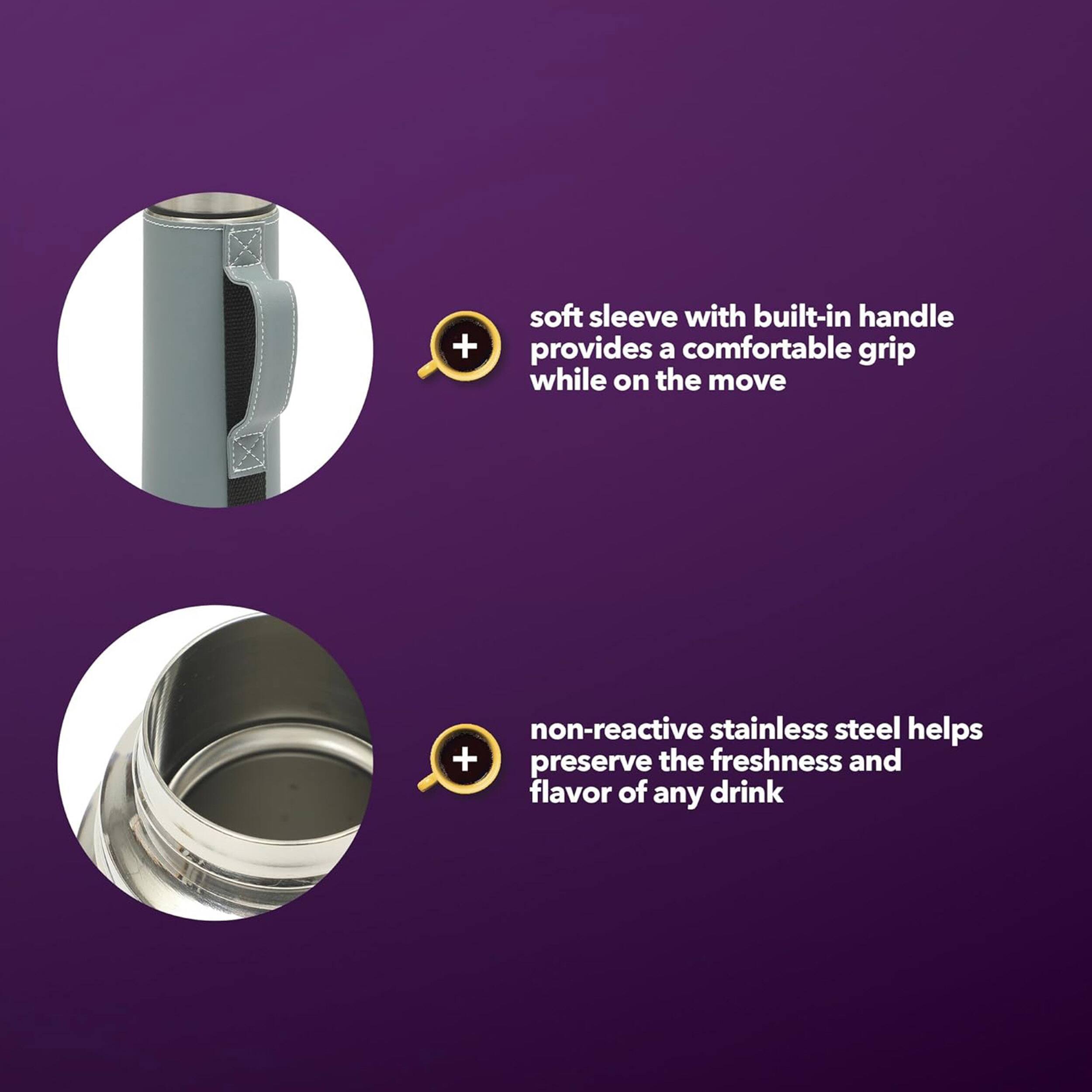 - Soft sleeve with built-in handle provides a comfortable grip while on the move
- Non-reactive stainless steel helps preserve the freshness and flavor of any drink