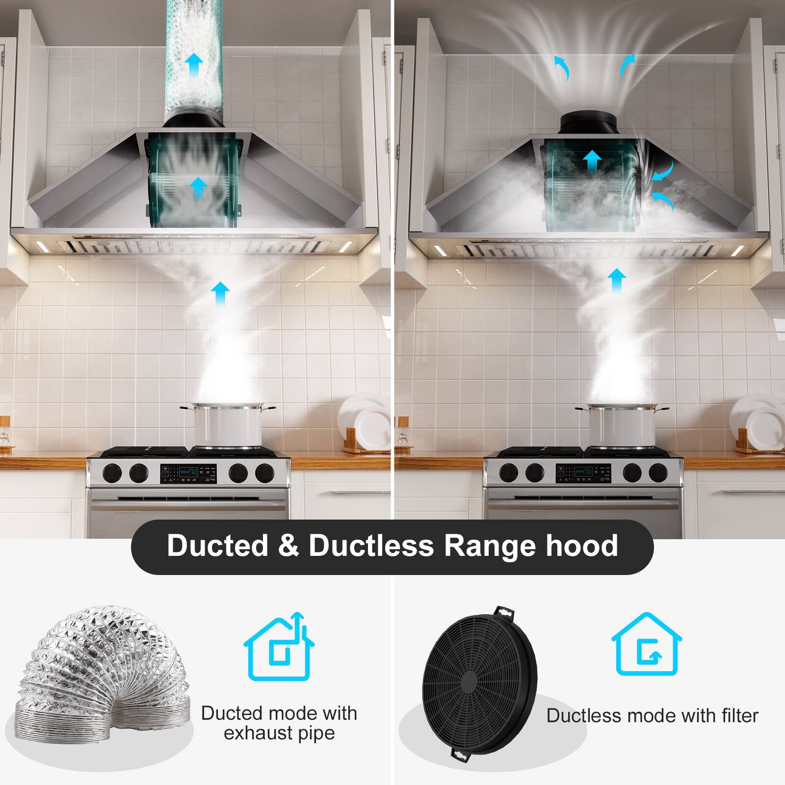 Ducted & Ductless Range hood

Ducted mode with exhaust pipe

Ductless mode with filter