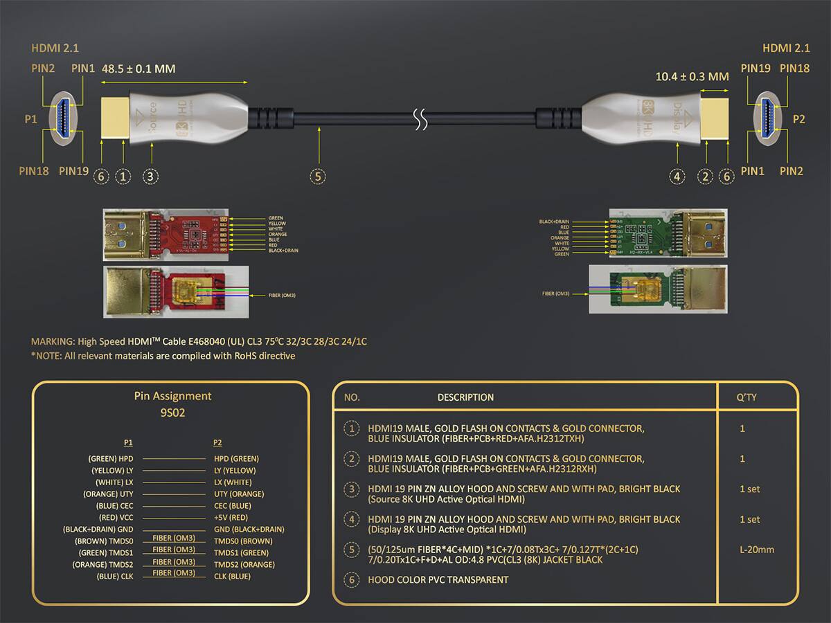 **HDMI 2.1**

- **PIN2**  
  **PIN1**  
  48.5 ± 0.1 MM

- **Source BRUHD**  
  **PIN19**  
  **PIN18**  
  10.4 ± 0.3 MM

- **Display P2**  
  **PIN18**  
  **PIN19**

- **PIN1**  
  **PIN2**  
  **GREEN**  
  **FELLOW**  
  **mIIE**  
  **GRAN**  
  **RACUDRAN**  
  **BLACK-DRAN**  
  **RANC**  
  **WHITE**  
  **FELLO**  
  **GREEN**  
  **(OMES)**  
  **FIBER**  
  **BI**  
  **MARKING:**  
  High Speed HDMI™ Cable E468040 (UL) CL3 75C 32/3C 28/3C 24/1C

- **NOTE:**  
  All relevant materials are compiled with RoHS directive

- **Pin Assignment**  
  95