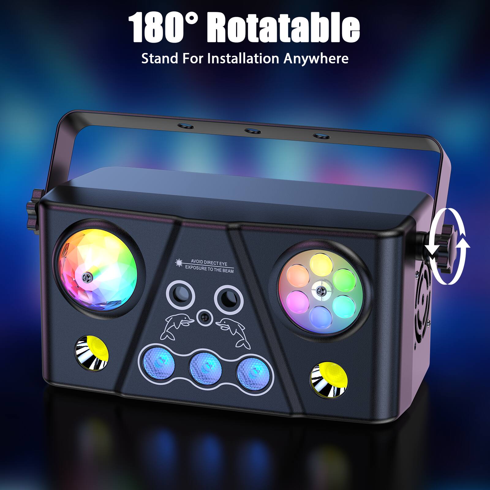 180° Rotatable  
Stand For Installation Anywhere  

AVOID DIRECT EXPOSURE TO THE BEAM