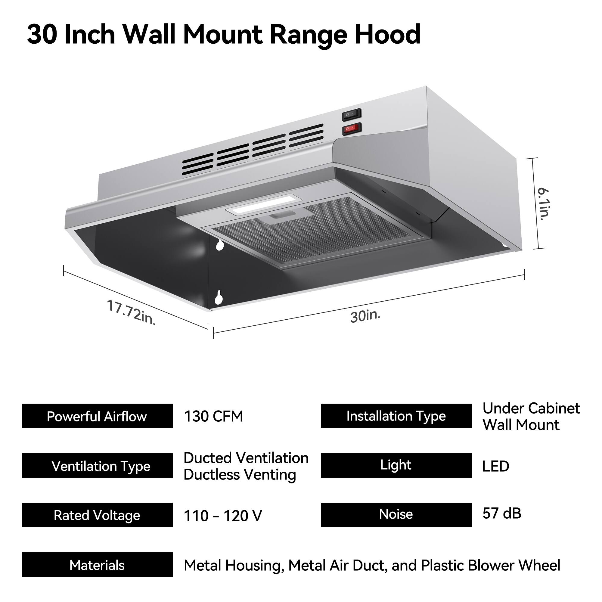 30 Inch Wall Mount Range Hood

- 6.1in.
- 17.72in.
- 30in.

Powerful Airflow
- 130 CFM

Installation Type
- Under Cabinet Wall Mount

Ventilation Type
- Ducted Ventilation
- Ductless Venting

Light
- LED

Rated Voltage
- 110 - 120 V

Noise
- 57 dB

Materials
- Metal Housing, Metal Air Duct, and Plastic Blower Wheel