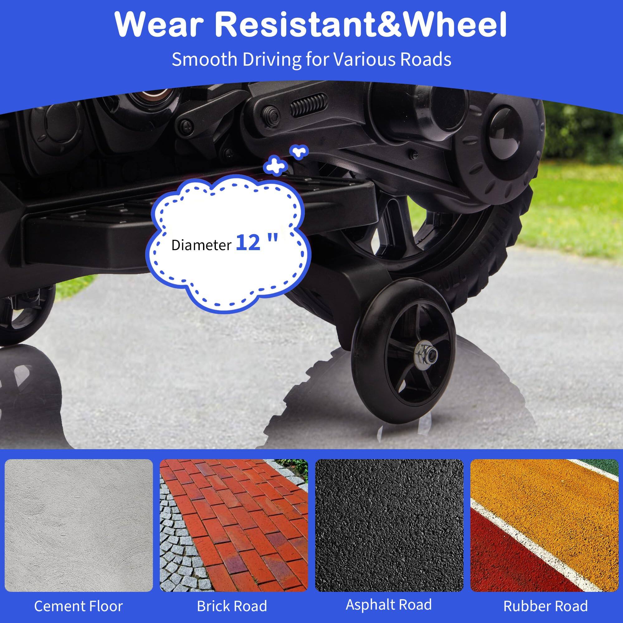 Wear Resistant & Wheel  
Smooth Driving for Various Roads  

Diameter 12"  

Cement Floor  
Brick Road  
Asphalt Road  
Rubber Road