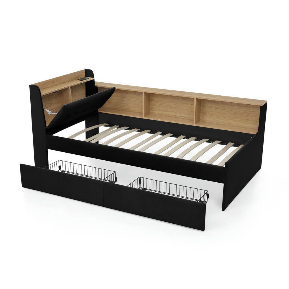 Alt View 2. Kadyn - Twin Size Upholstered Velvet Daybed with Storage Headboard, Wireless Charging, 2 Drawers & LED Lights - Black.