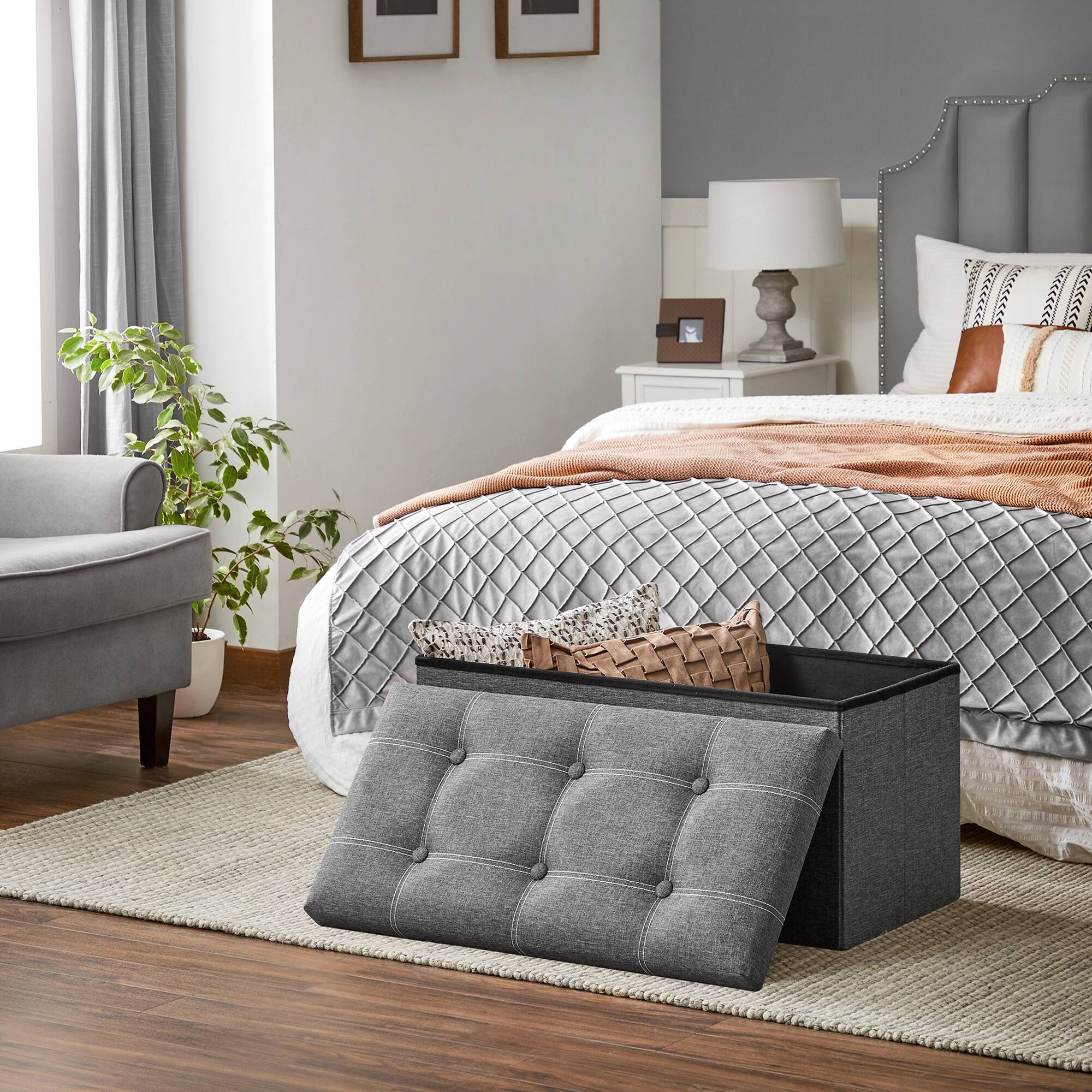 Left. Songmics Home - Ottoman Storage Bench, 21 Gal. Folding Chest with Breathable Linen-Look Fabric, Holds 660 lb - Dark Gray.