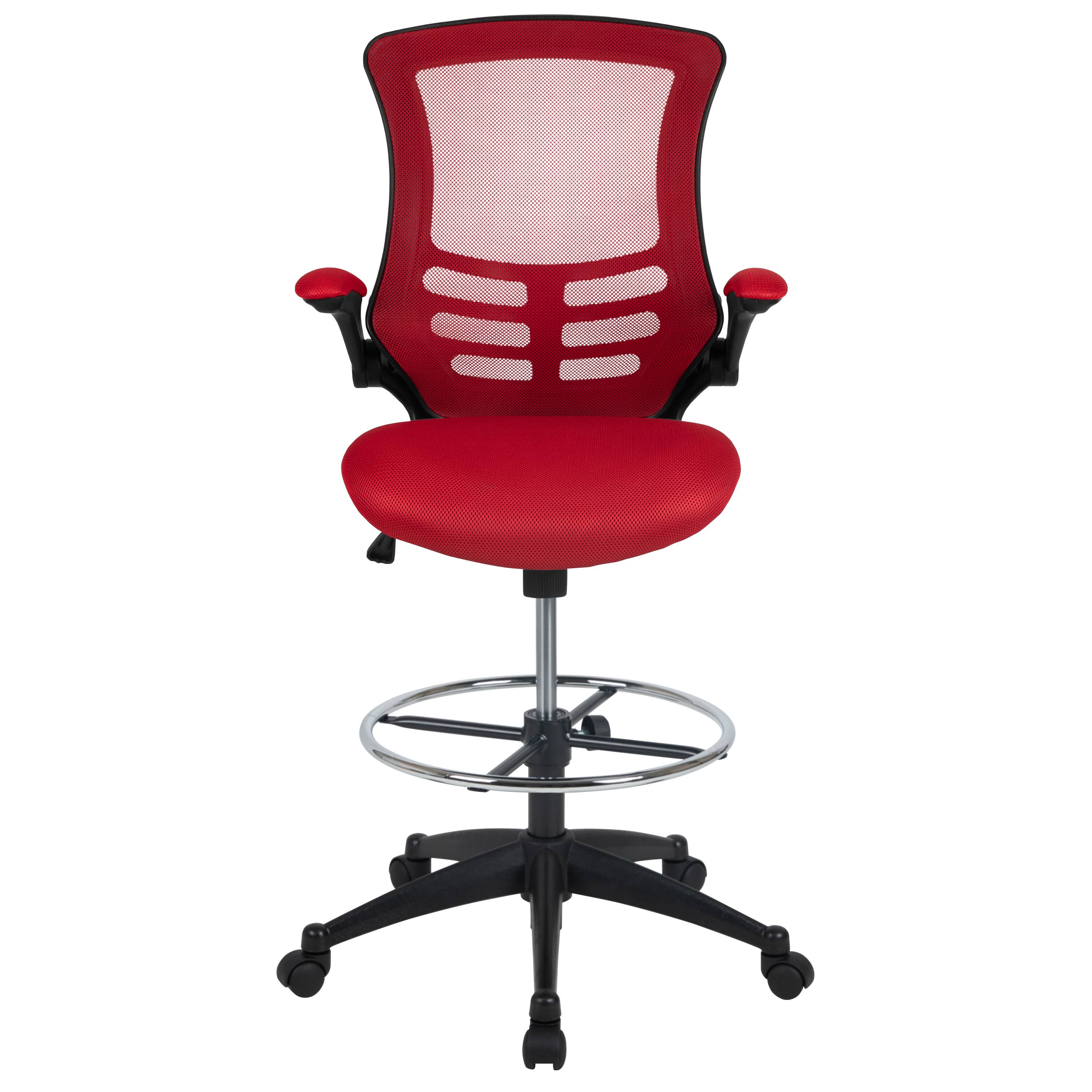 Alt View 7. Emma + Oliver - Mid-Back Mesh Ergonomic Drafting Chair with Foot Ring and Flip-Up Arms - Red Mesh/Black Frame.