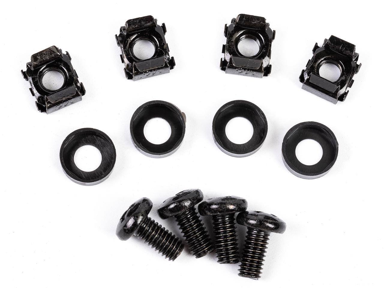 a set of black metal fasteners, including four hexagonal nuts, four washers, and four bolts