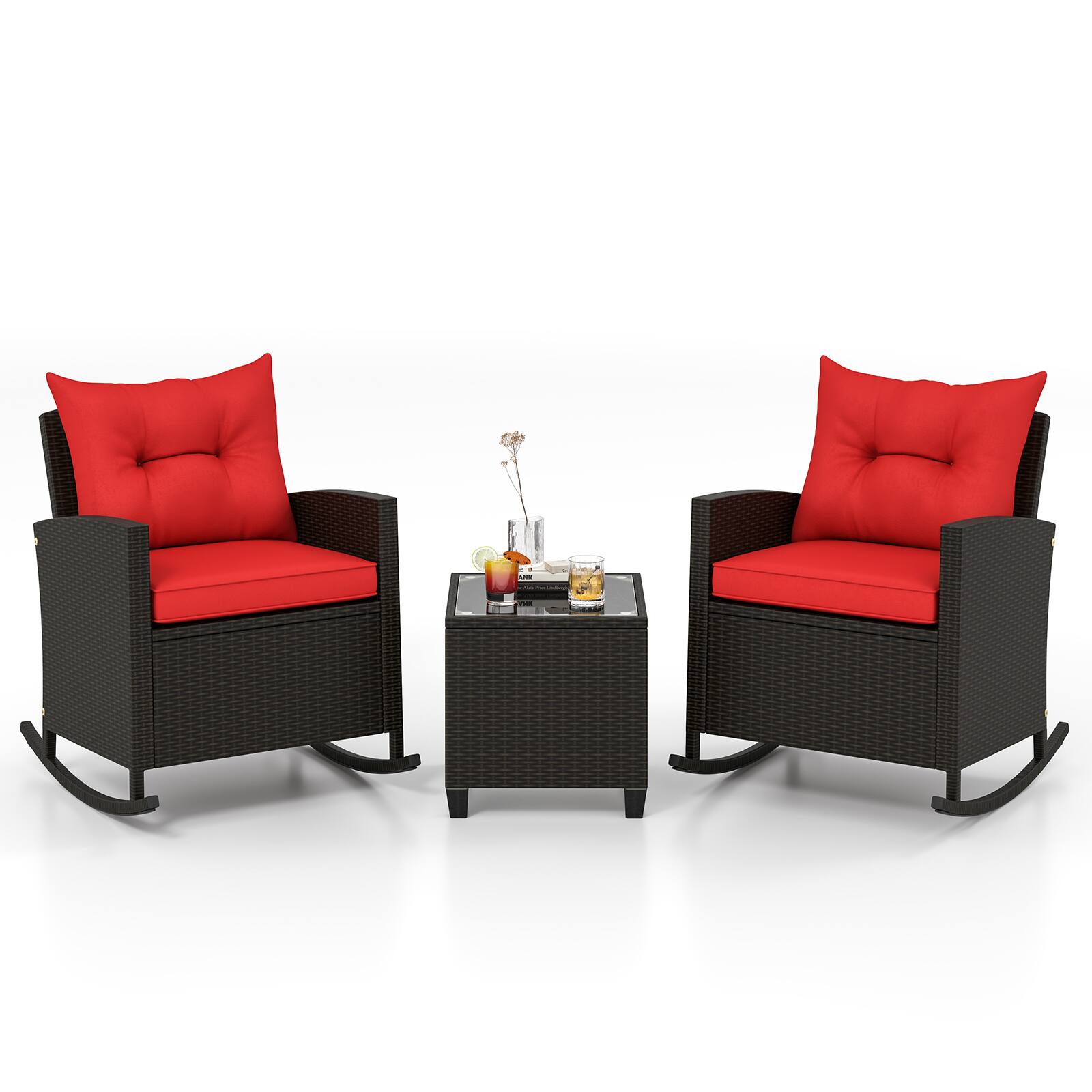 Alt View 8. Gymax - Gymax Set of 3 Wicker Rocking Set w/ Tempered Glass Table Patio Outdoor Red - Red.