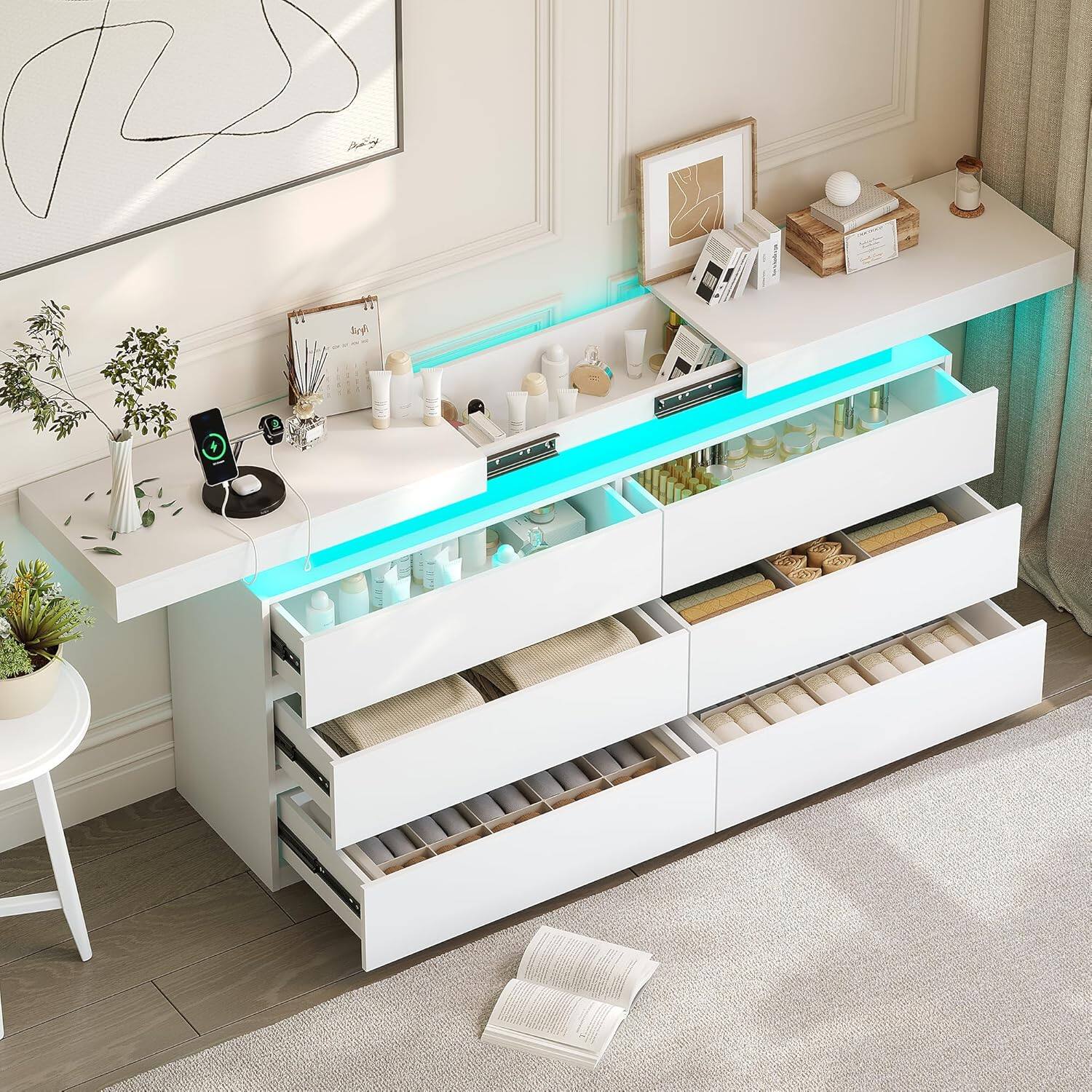 Angle. Vipbear - Vipbear 6-Drawer Dresser with Sliding Desktop & Power Outlet - Black Storage Cabinet with LED Lights,White - White.