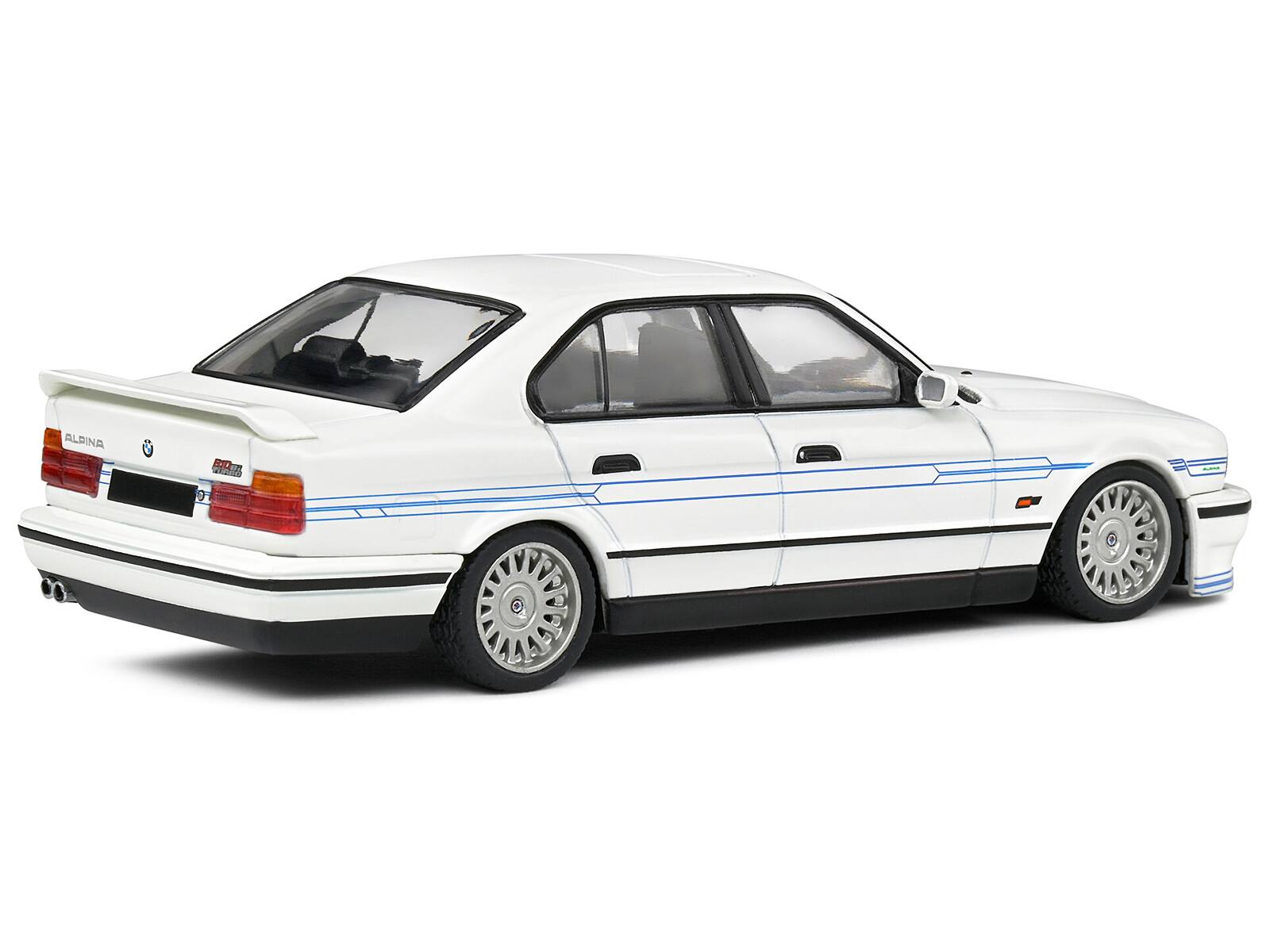 Left. Solido - 1994 BMW E34 Alpina B10 BiTurbo White with Blue Stripes 1/43 Diecast Model Car by Solido - White And Blue.