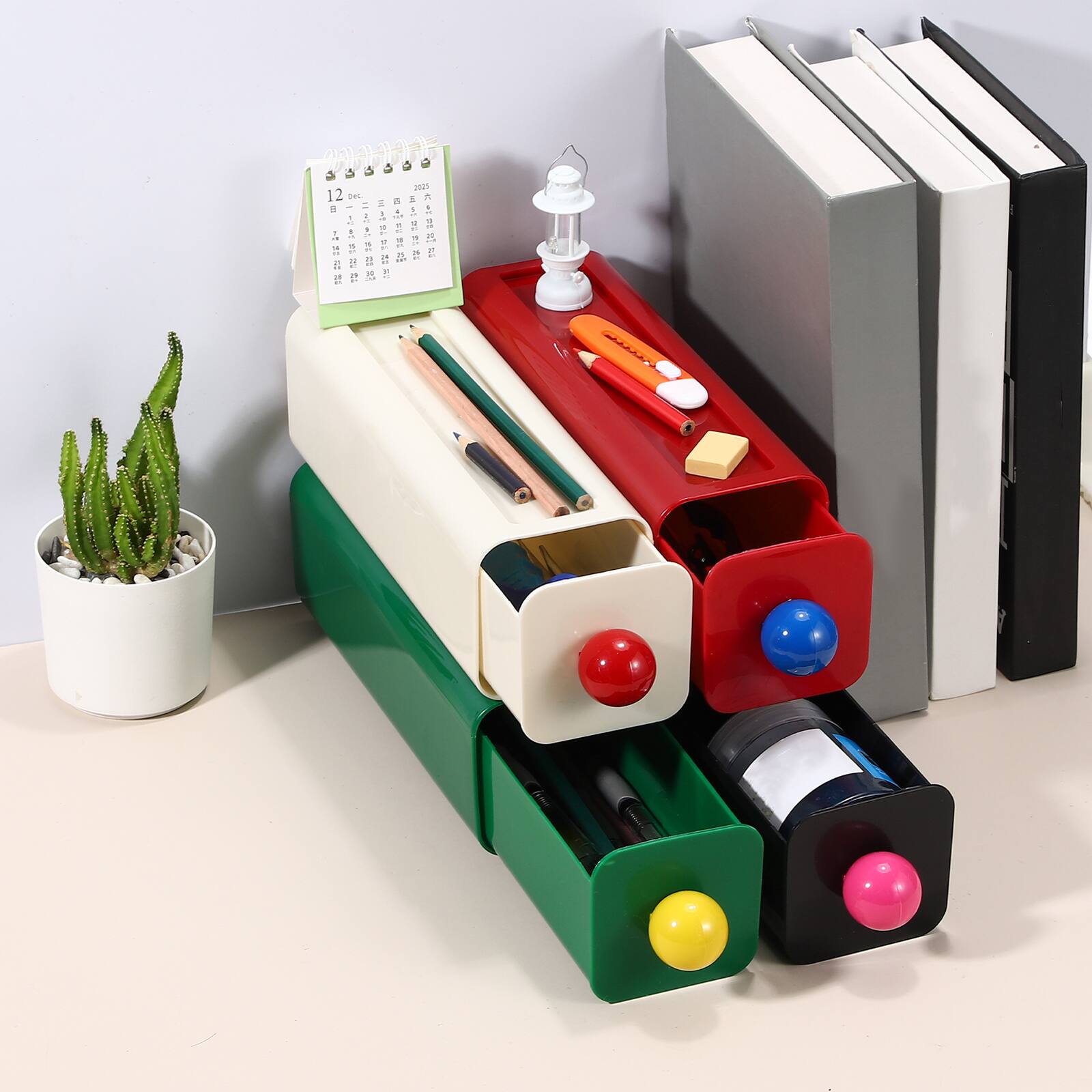 Alt View 4. Unique Bargains - 3pcs Stackable Storage Drawers for Desktop, Plastic Stackable Desk Organizer with Drawers, for Home Stationery Bathroom - Red.