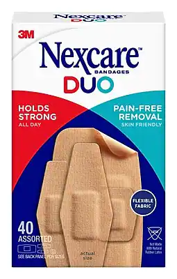 3M Nexcare BANDAGES DUO
HOLDS STRONG ALL DAY
PAIN-FREE REMOVAL SKIN FRIENDLY
40 ASSORTED
FLEXIBLE FABRIC
SEE BACK PANEL FOR SIZES
Made with Natural Rubber Latex