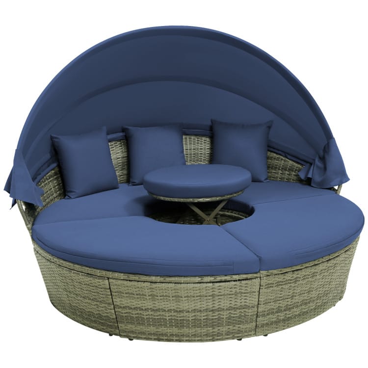 SlickBlue - Patio Round Wicker Daybed with Canopy and Cushions for Outdoor Relaxation - Navy