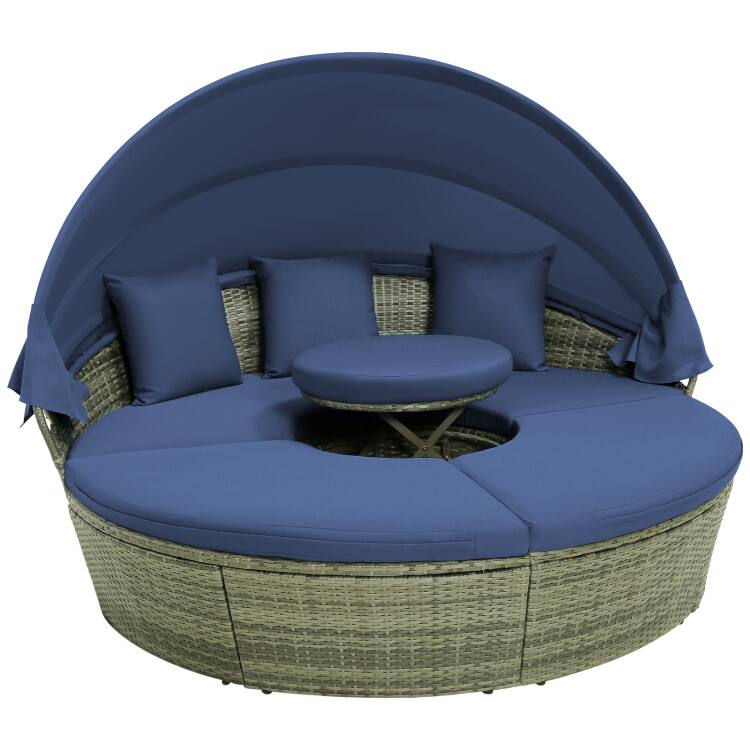 Front. SlickBlue - Patio Round Wicker Daybed with Canopy and Cushions for Outdoor Relaxation - Navy.