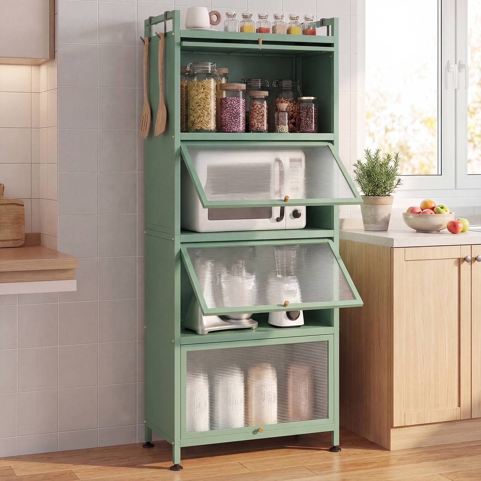 Alt View 1. Costway - Costway 5-Tier Kitchen Baker's Rack Storage Cabinet Mobile Microwave Stand Flip-up Doors Green - Green.