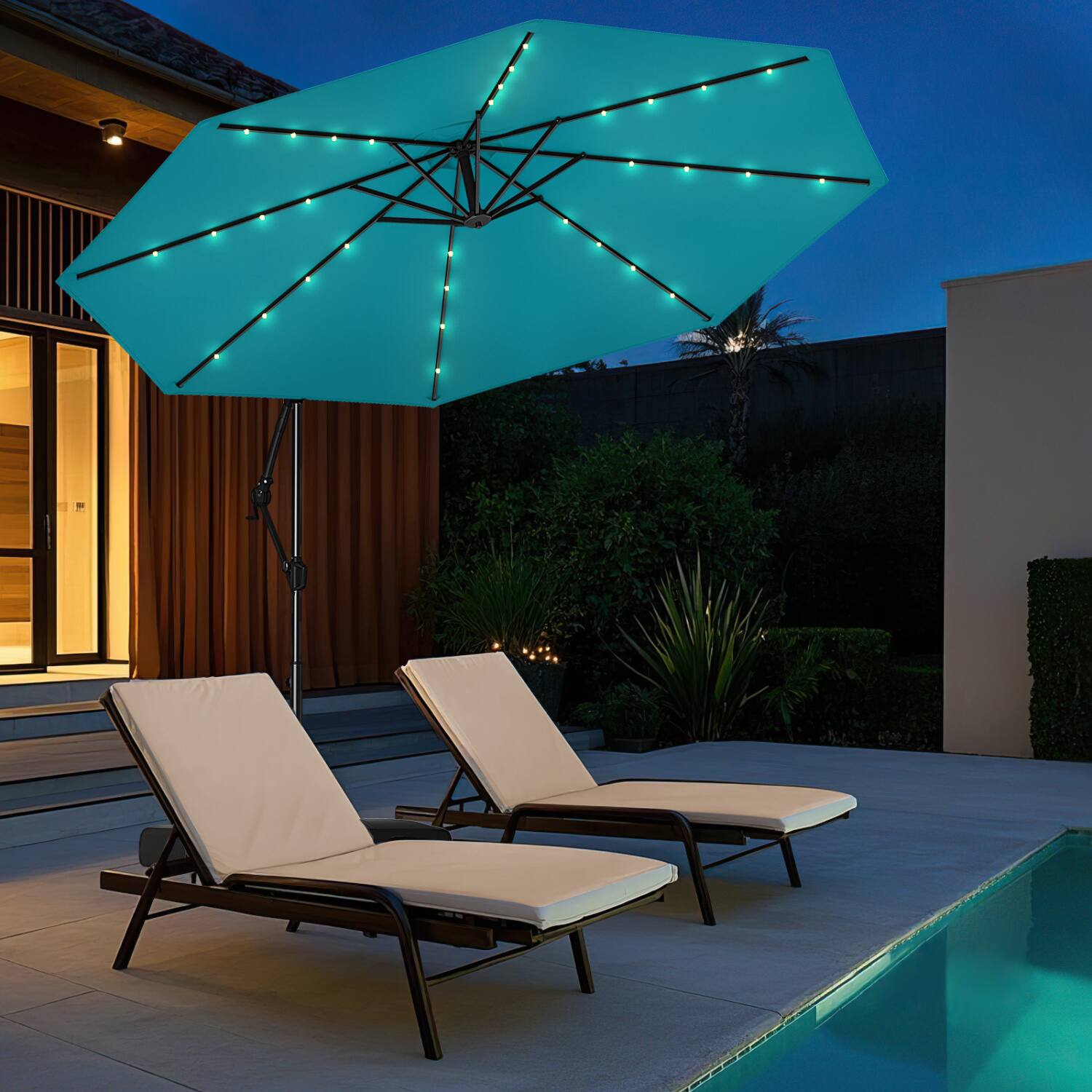 Angle. Mondawe - 10 FT Solar Offset Hanging Umbrella with Base and 32 LED Lights - Turquoise.