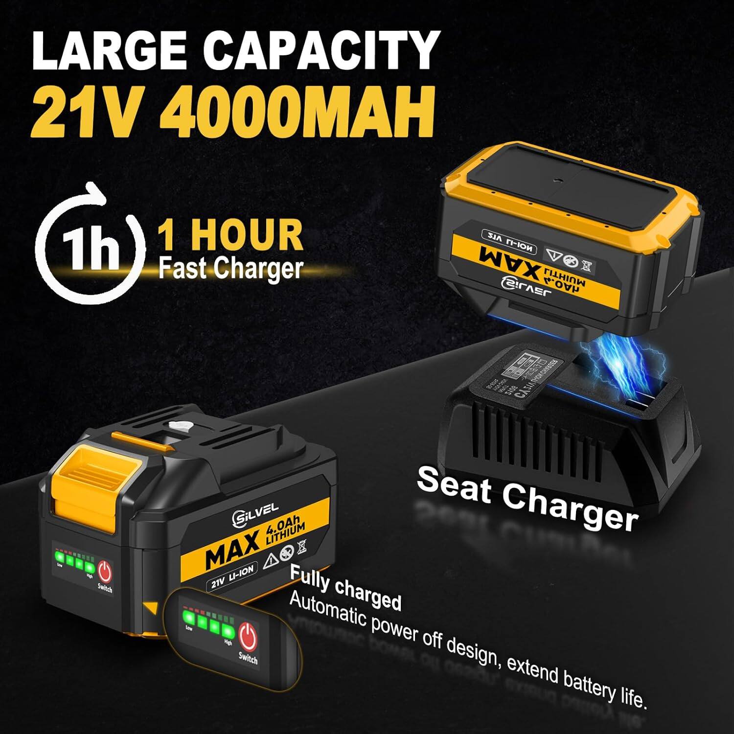 LARGE CAPACITY 21V 4000MAH 1h 1 HOUR Fast Charger
Seat Charger
Fully charged Automatic power off design, extend battery life.