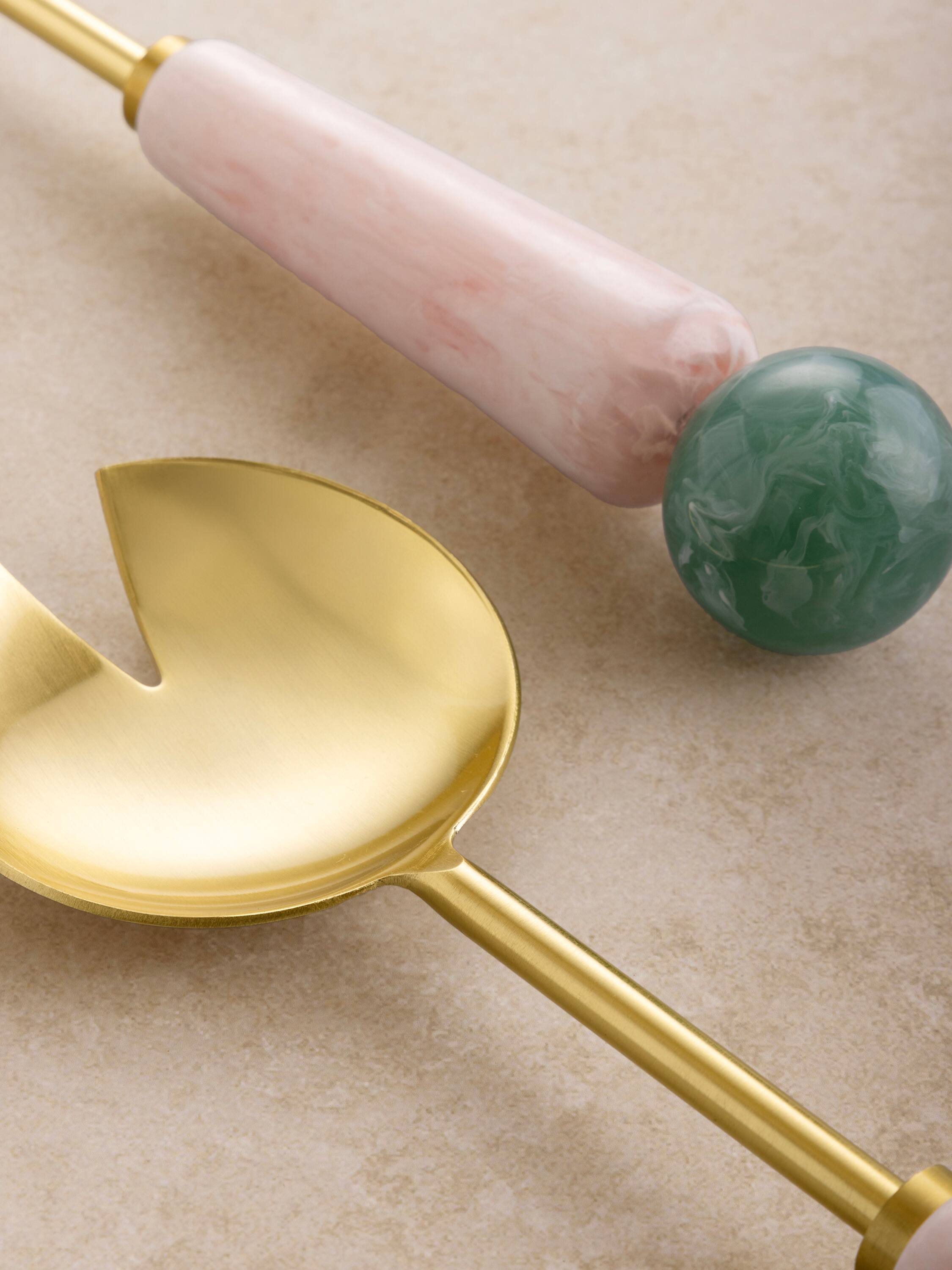 Angle. GAURI KOHLI - Copenhagen Salad Servers - Shades of pink, green and gold.