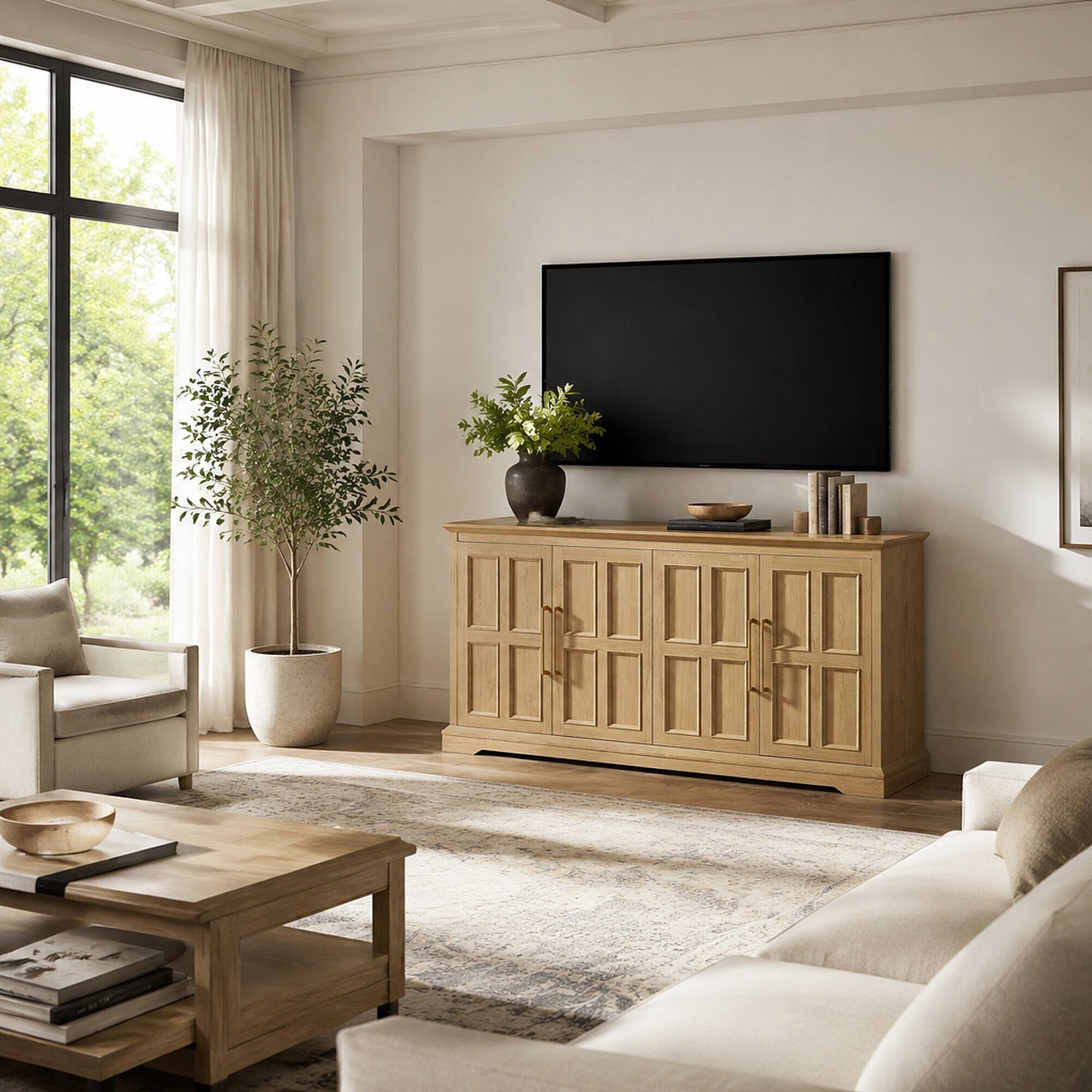 Back. RYHNUYNE - Freestanding 67 Inch Large Sideboard Buffet Cabinet with Storage, Wood Coffee Wine Bar, Oak - Natural.