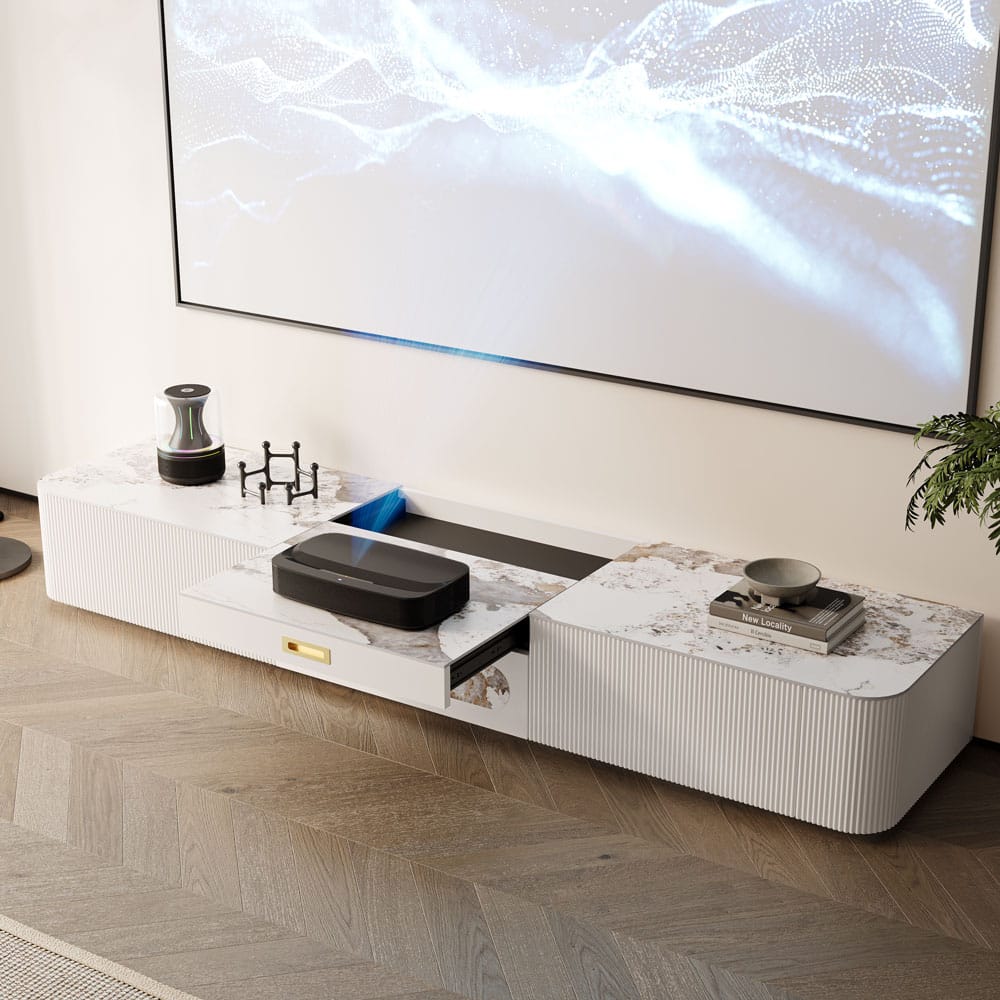 POVISON - 79" Modern Low Profile TV Stand with Ultra-short Throw Projector Platform, Fluted TV Console with White Sintered Stone - Pandora & White